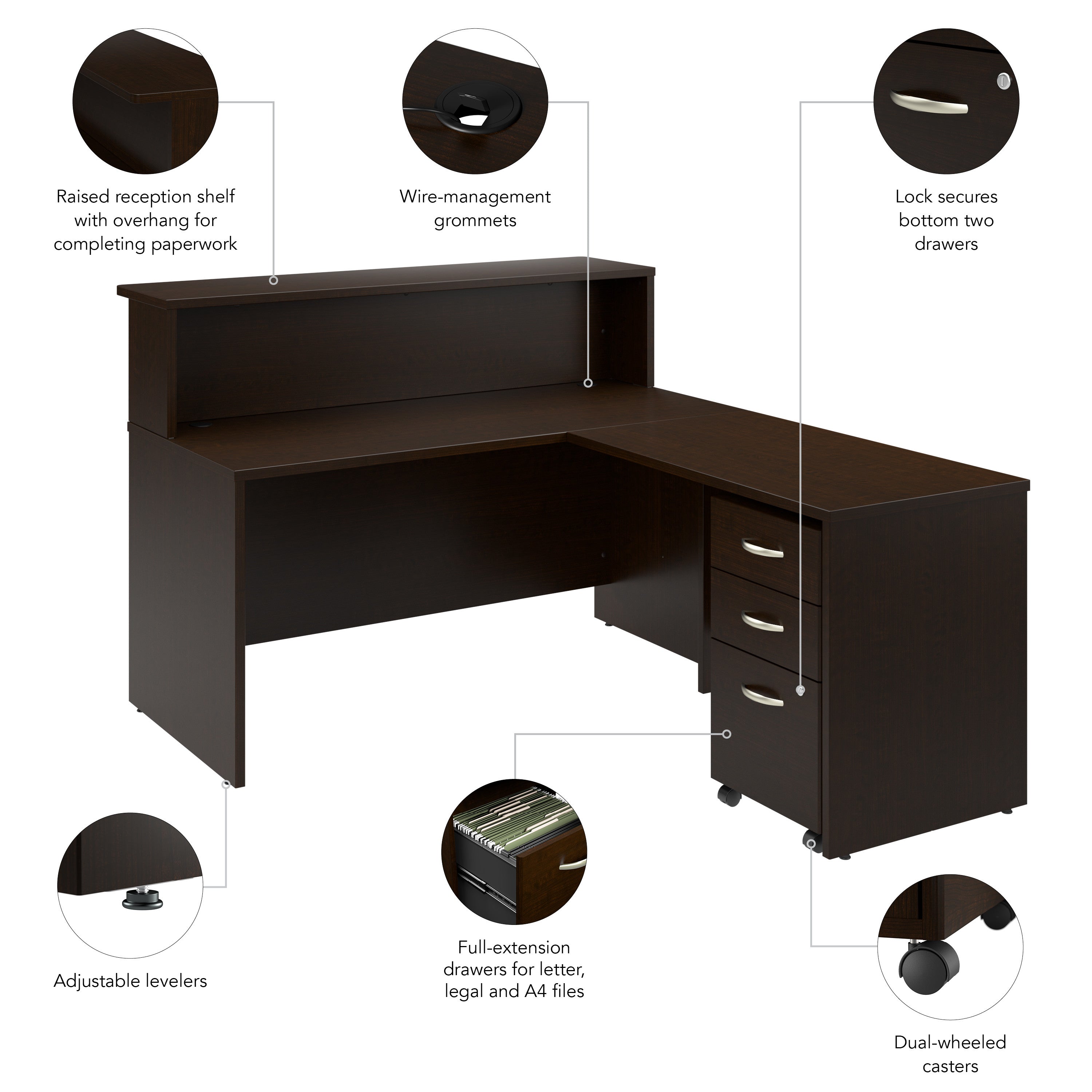 Bush Business Furniture Arrive 60W x 72D L Shaped Reception Desk with Shelf and Mobile File Cabinet in Mocha Cherry - 59.45" Width x 71.02" Depth x 43.71" Height