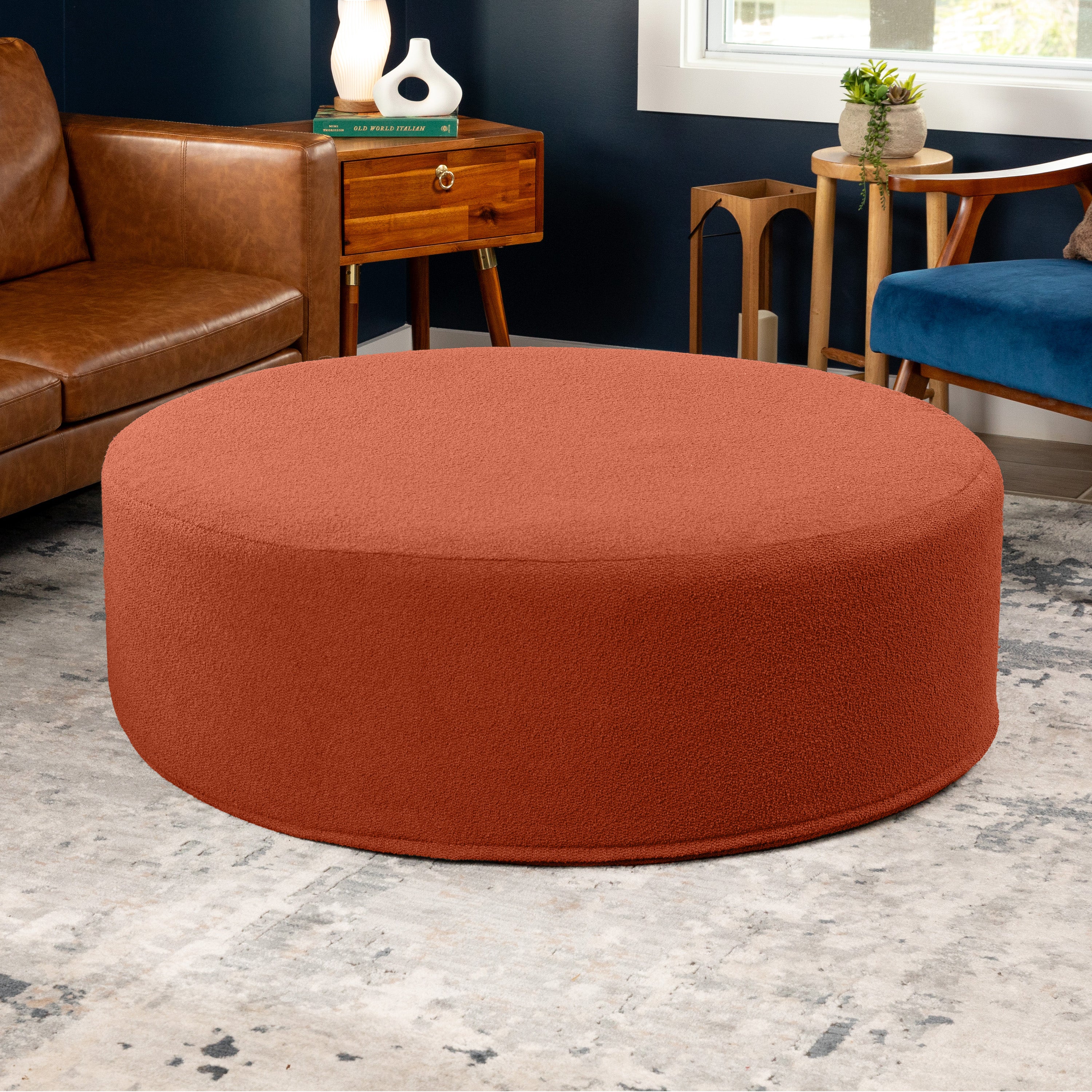Jaxx Candler Round Couch Ottoman – Oversized Giant Coffee Table Ottoman - Versatile Firm Foam Construction - Kid Safe with Removable Cover, 44”, Luxe Boucle, Boucle Terra Cotta