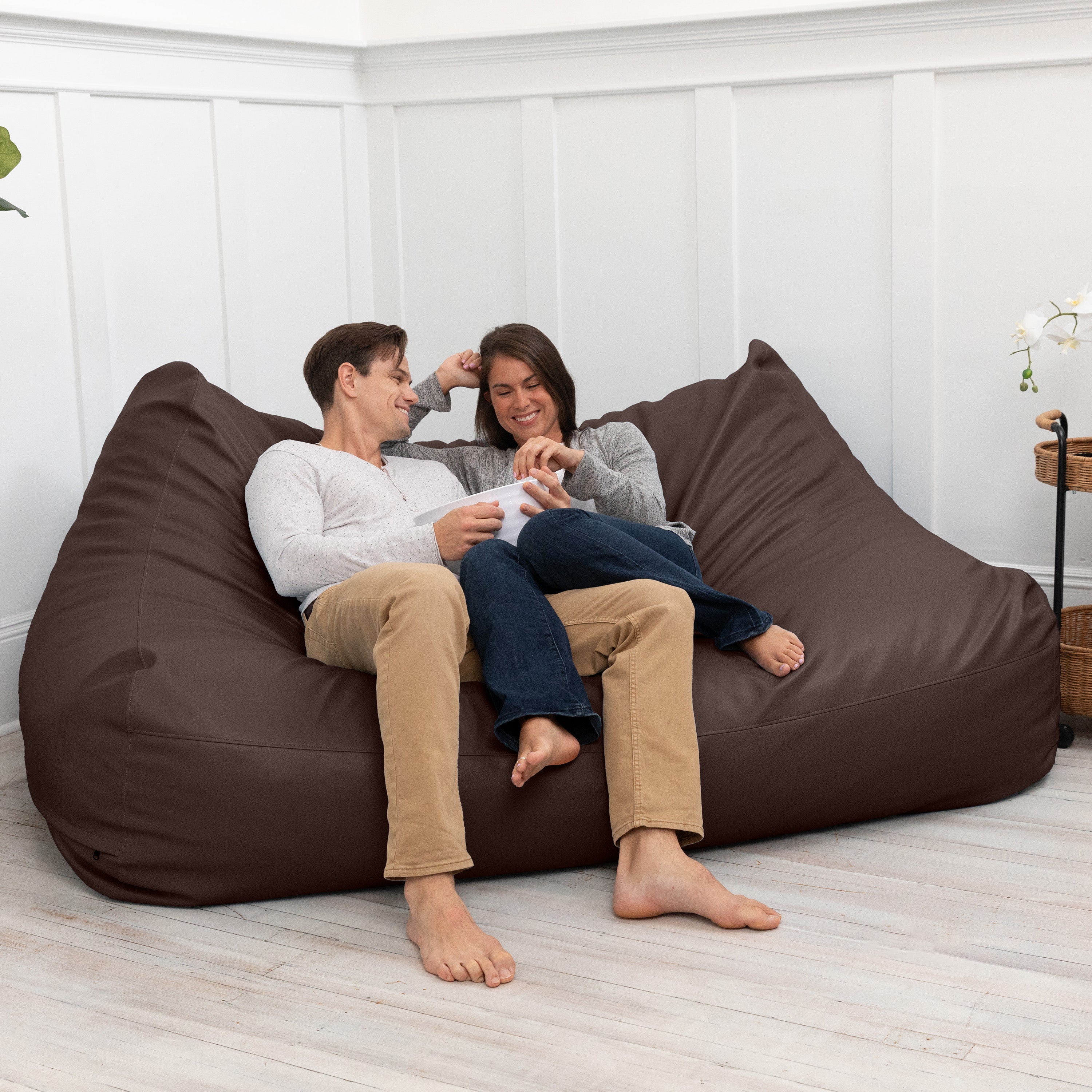 Atrium Collection Lozia Loveseat - Large Foam Bean Bag Sofa for Home Theaters, Offices, Schools, Reception & Waiting Rooms - Faux-Leather - Chocolate