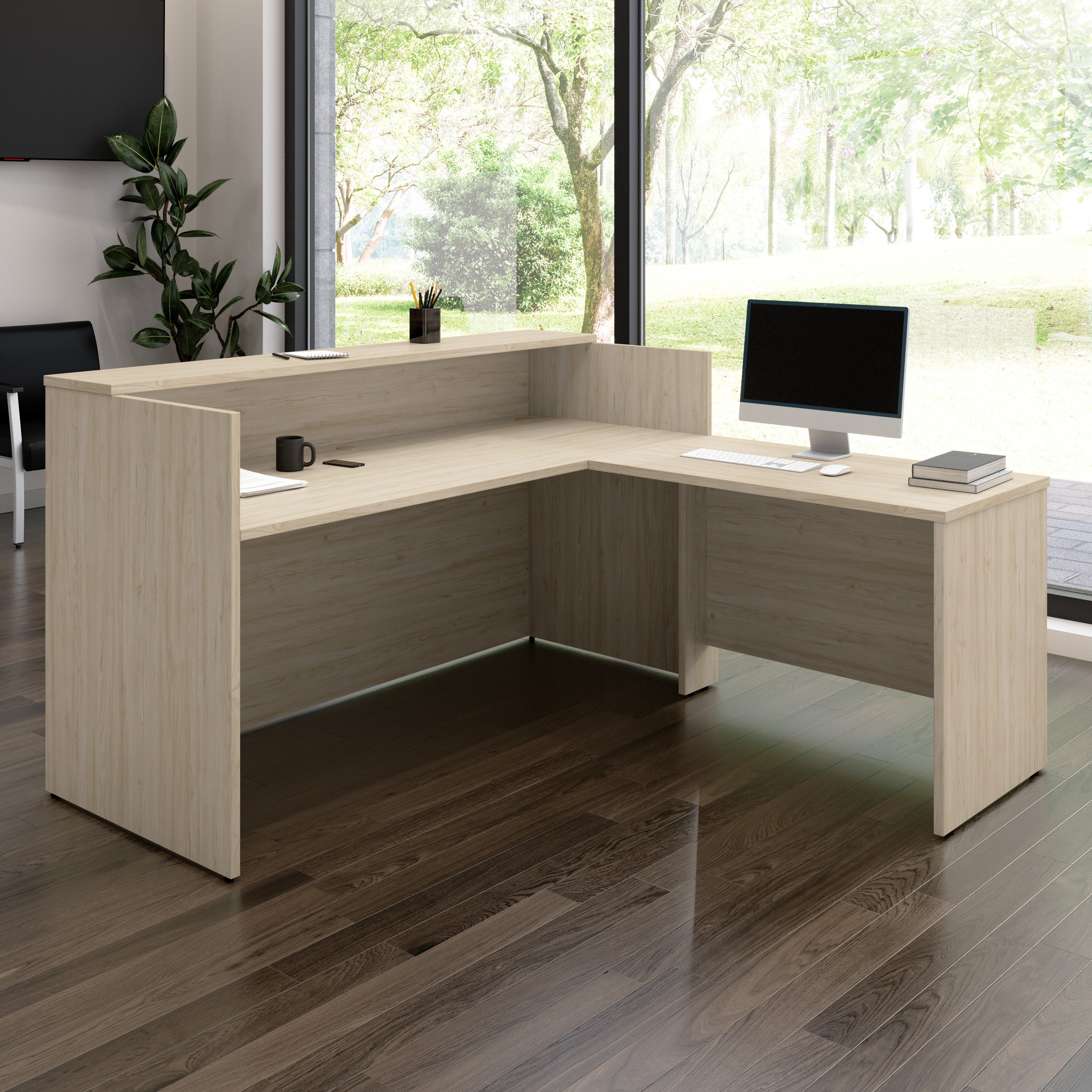 Bush Business Furniture Arrive 72W x 72D L Shaped Reception Desk with Shelf in Natural Elm - 71.02" Width x 71.14" Depth x 40.35" Height