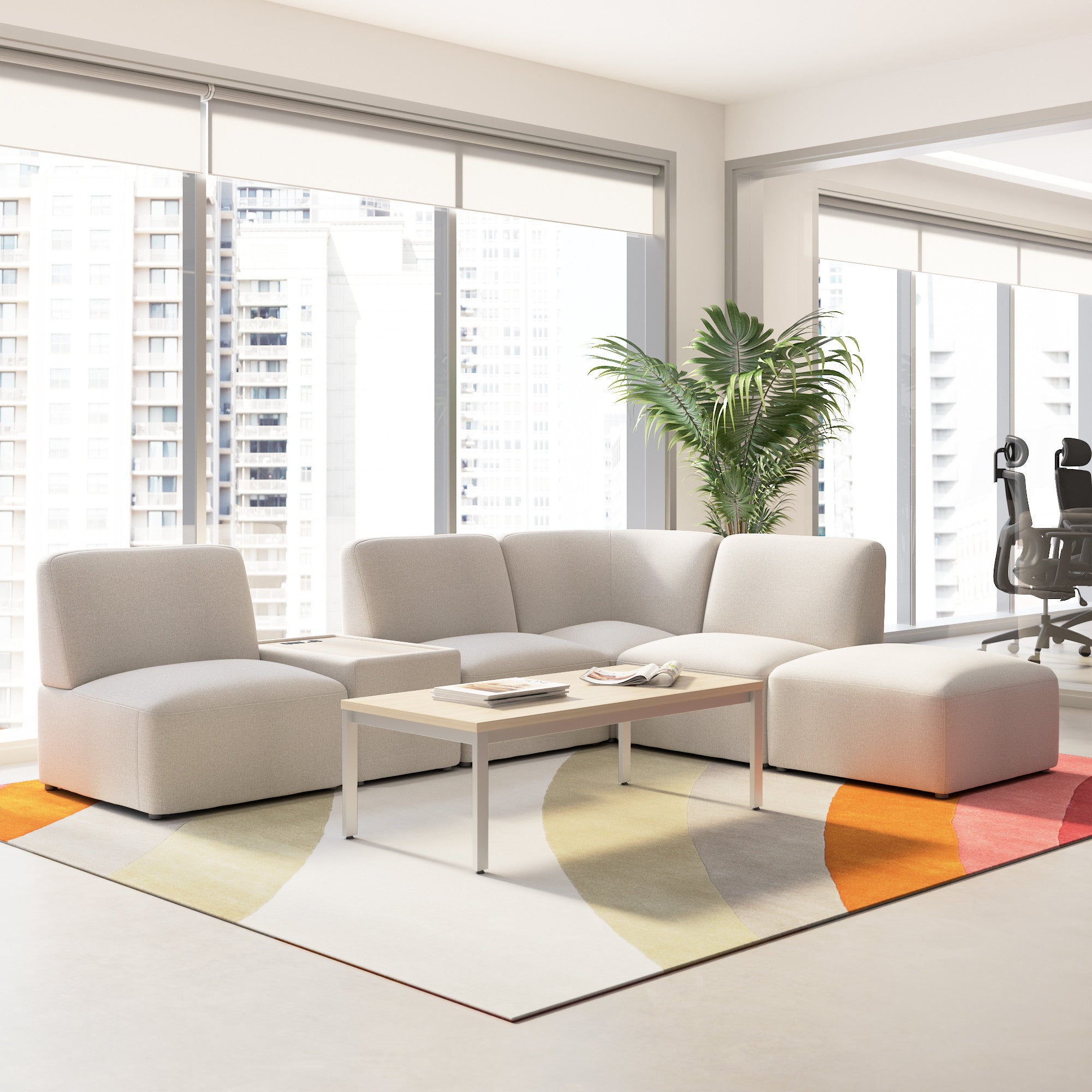 Bush Business Furniture Assemble Modular 5 Seater L Shaped Sectional with Charging Station in Oat Fabric - 100.6" Width x 89.76" Depth x 29.92" Height