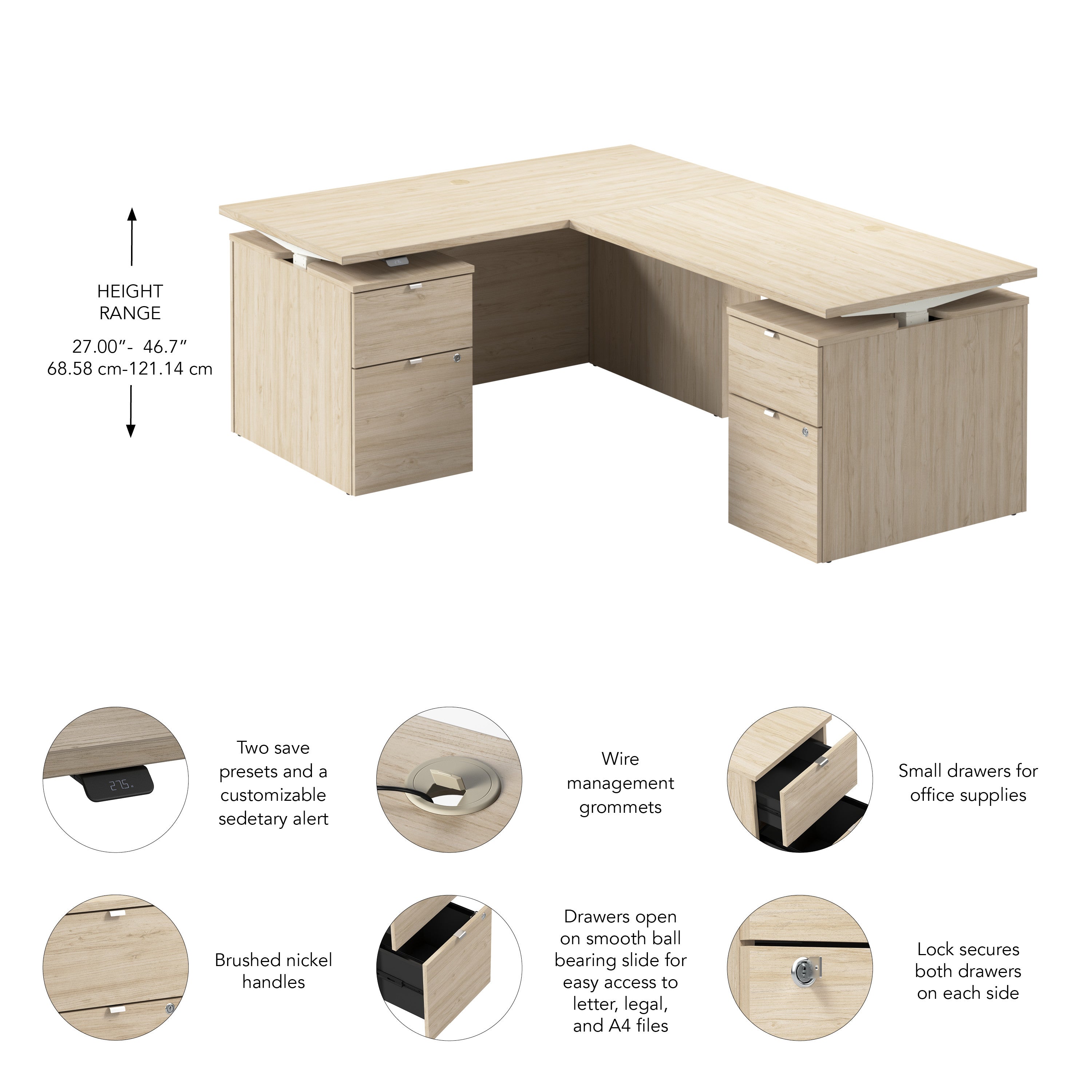 Bush Business Furniture Stratus&nbsp;60W x&nbsp;78D Height Adjustable L Shaped Standing Desk with Drawers in Natural Elm with White Base - 59.45" Width x 76.97" Depth x 27.44" Height
