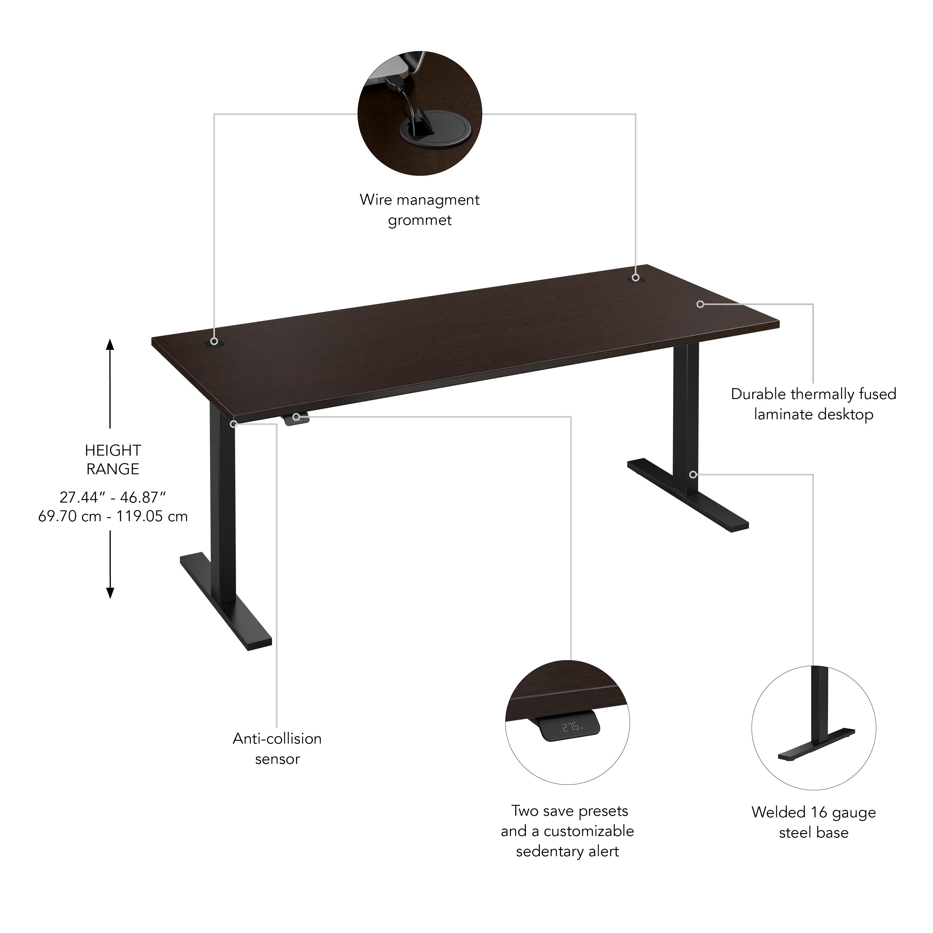 Bush Business Furniture Move 60 Series 72W x 30D Electric Height Adjustable Standing Desk in Mocha Cherry with Black Base - 71.02" Width x 29.37" Depth x 47.69" Height
