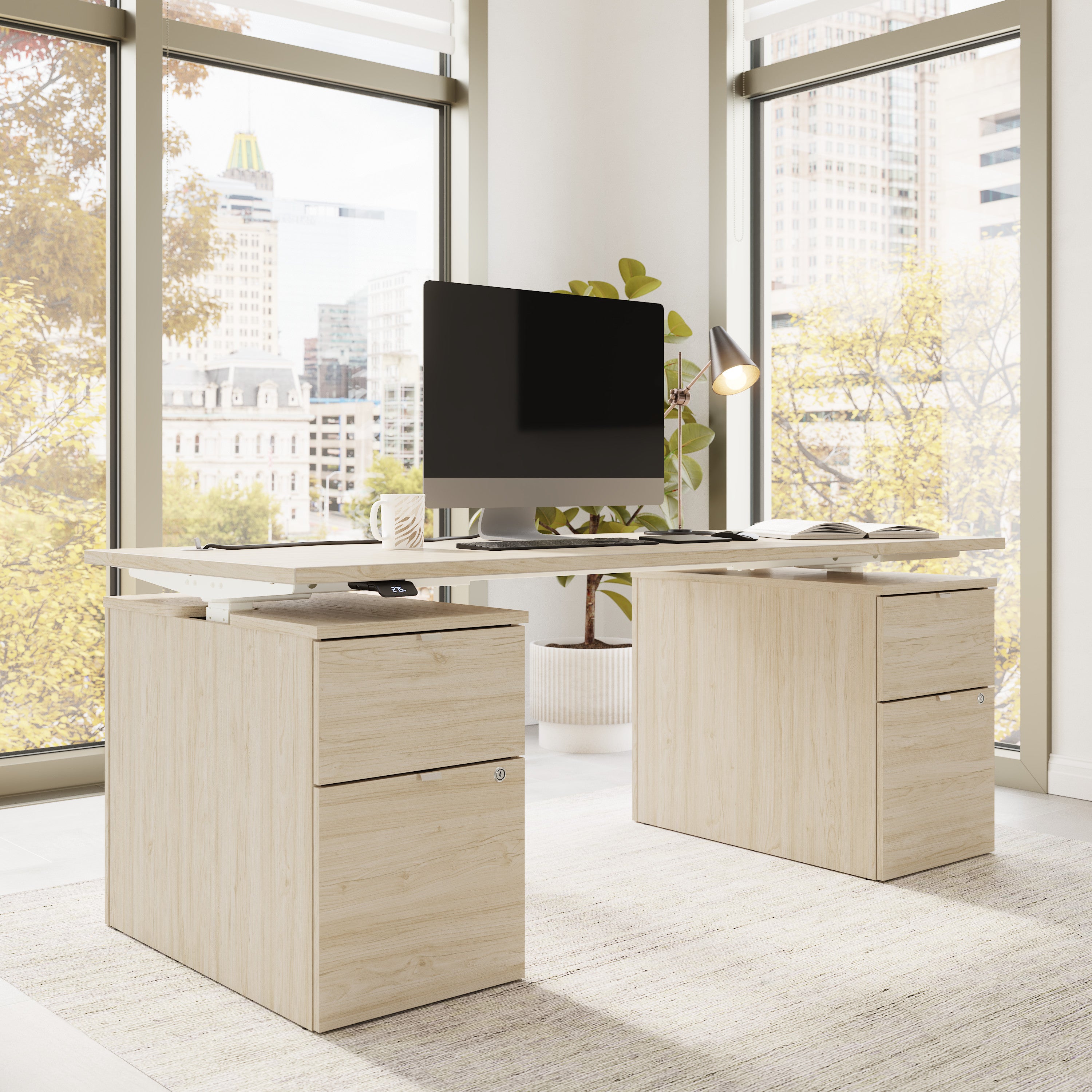 Bush Business Furniture Stratus&nbsp;72W x&nbsp;30D Electric Height Adjustable Standing Desk with Drawers in Natural Elm with White Base - 71.02" Width x 29.37" Depth x 27.44" Height