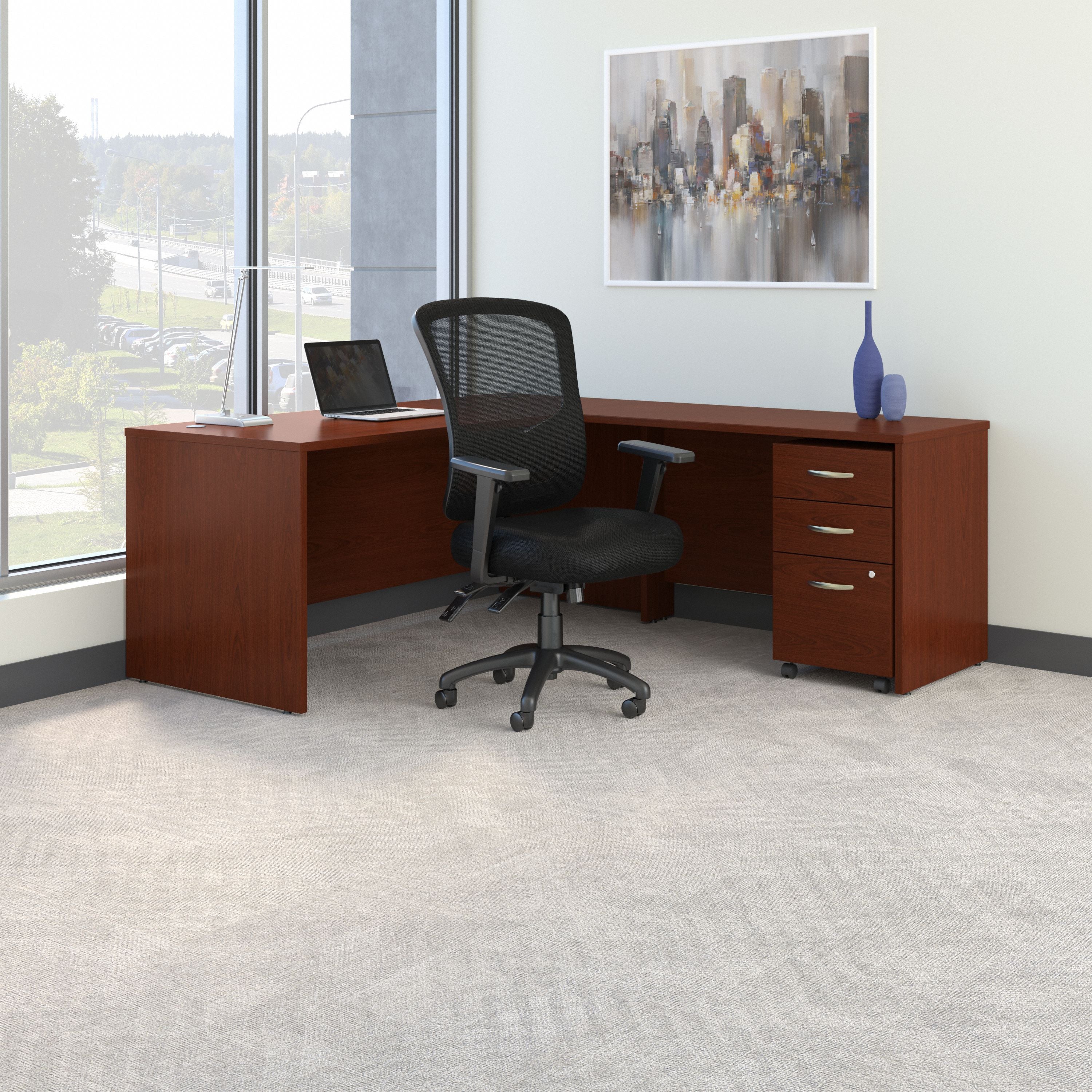 Bush Business Furniture Series C 72W L Shaped Desk with Mobile File Cabinet and High Back Multifunction Office Chair in Mahogany - 71.1" Width x 77.05" Depth x 43.9" Height