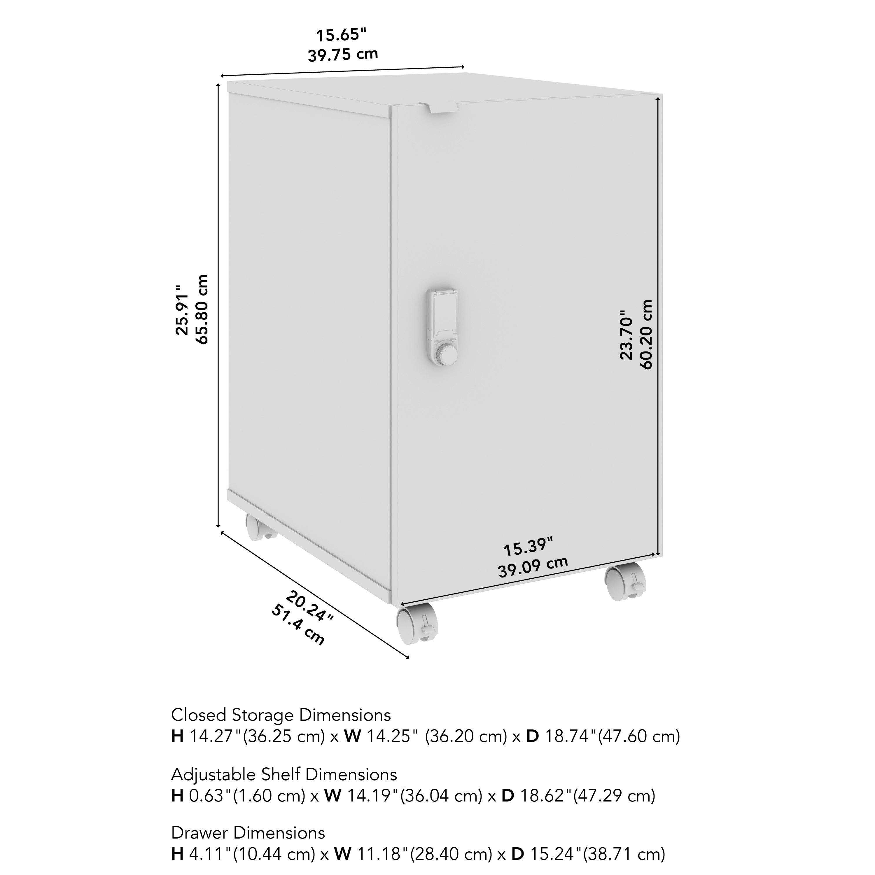Bush Business Furniture Assure Mobile File Cabinet with Drawer, Door, and Keypad Lock in White - 15.65" Width x 20.24" Depth x 25.91" Height