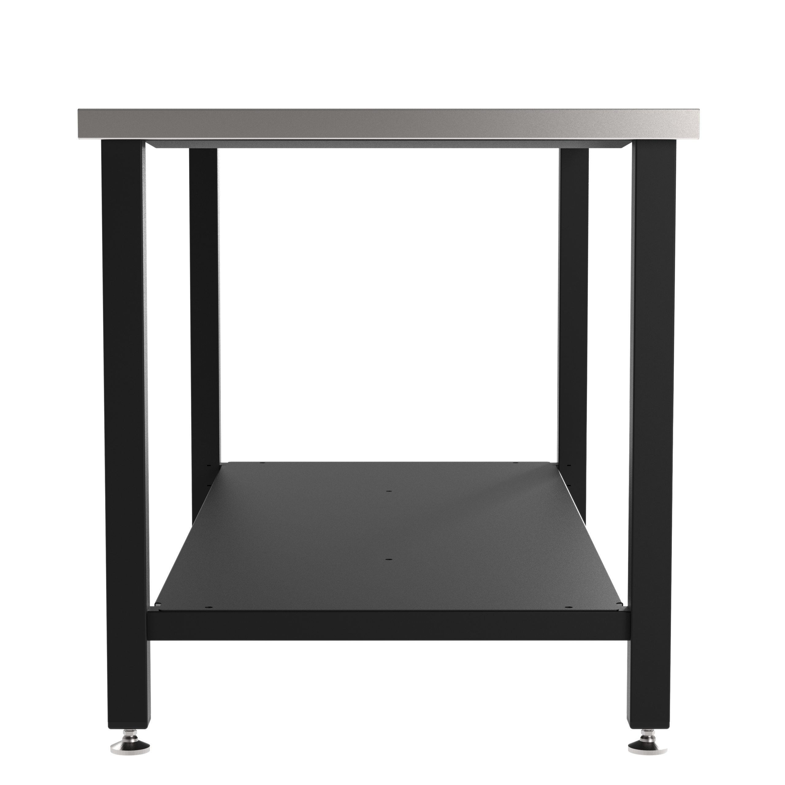 Fabrication Prep Table Fixed Height 36"H X 60"W X 30"D  Carbon Steel Top, Four Leg Frame Powder Coated Black, Lower Shelf Powder Coated Black, Self Leveling Feet