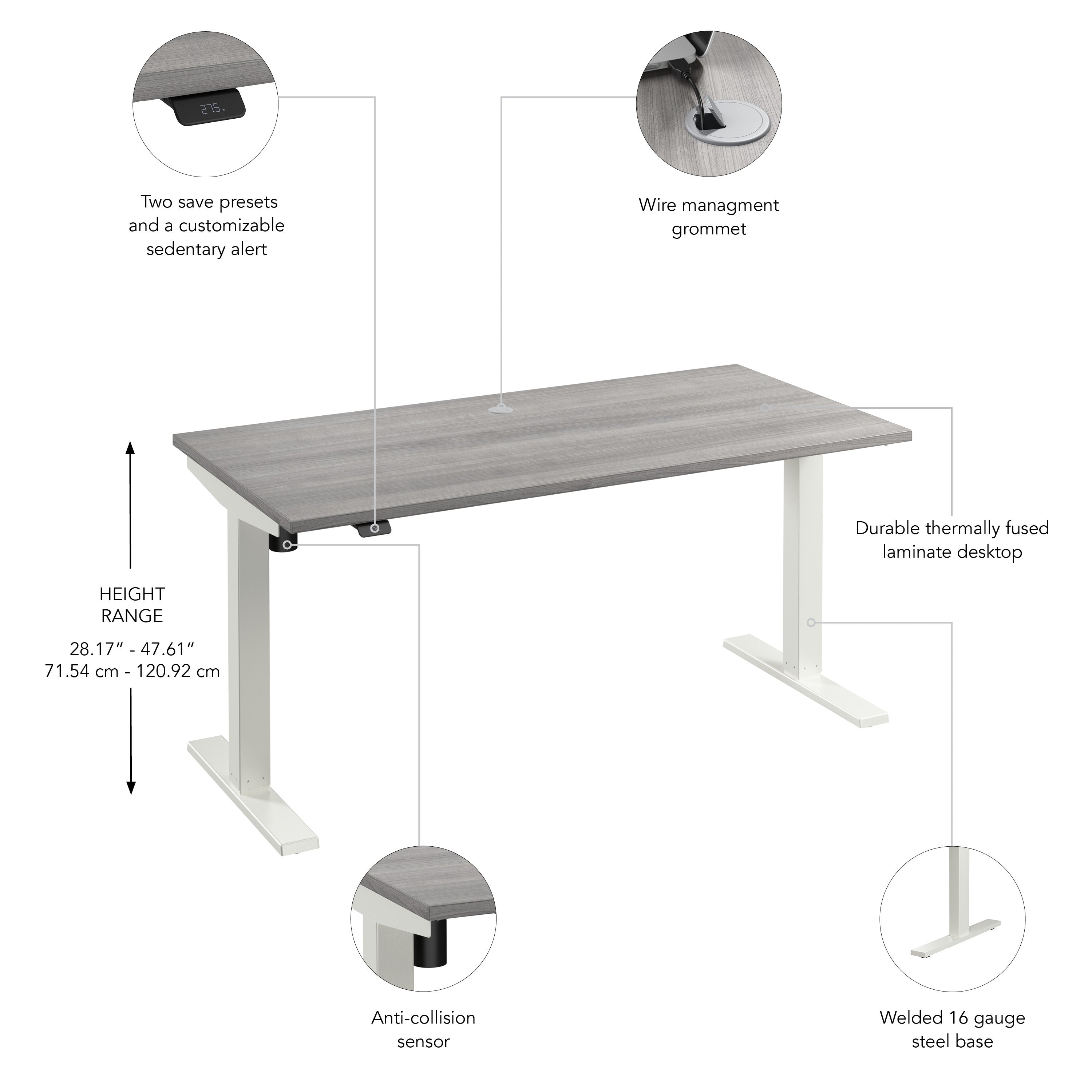 Bush Business Furniture Move 40 Series 60W x 30D Electric Height Adjustable Standing Desk in Platinum Gray with White Base - 59.45" Width x 29.37" Depth x 28.17" Height