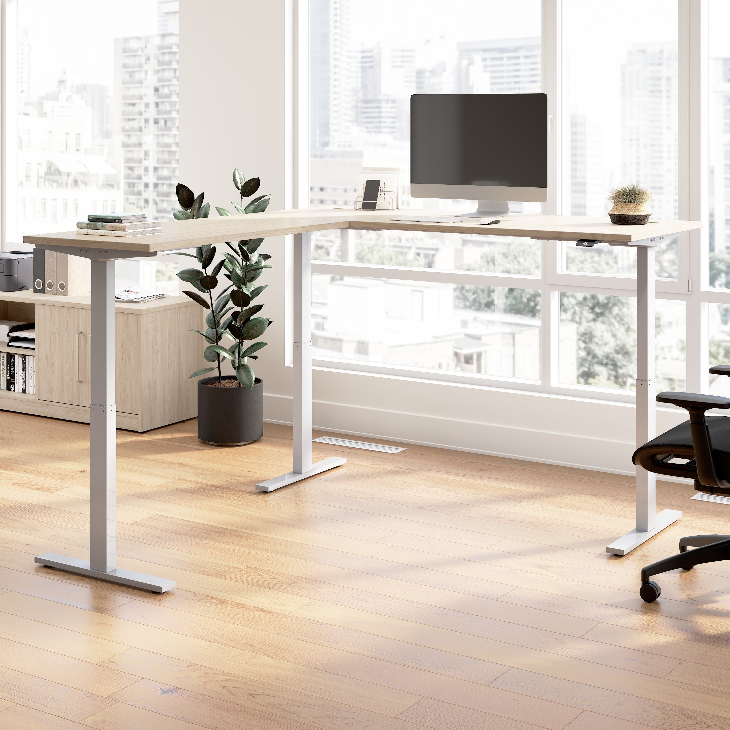 Bush Business Furniture Move 60 Series 72W Height Adjustable L Shaped Standing Desk in Natural Elm with Metallic Gray Base - 71.02" Width x 76.97" Depth x 27.44" Height