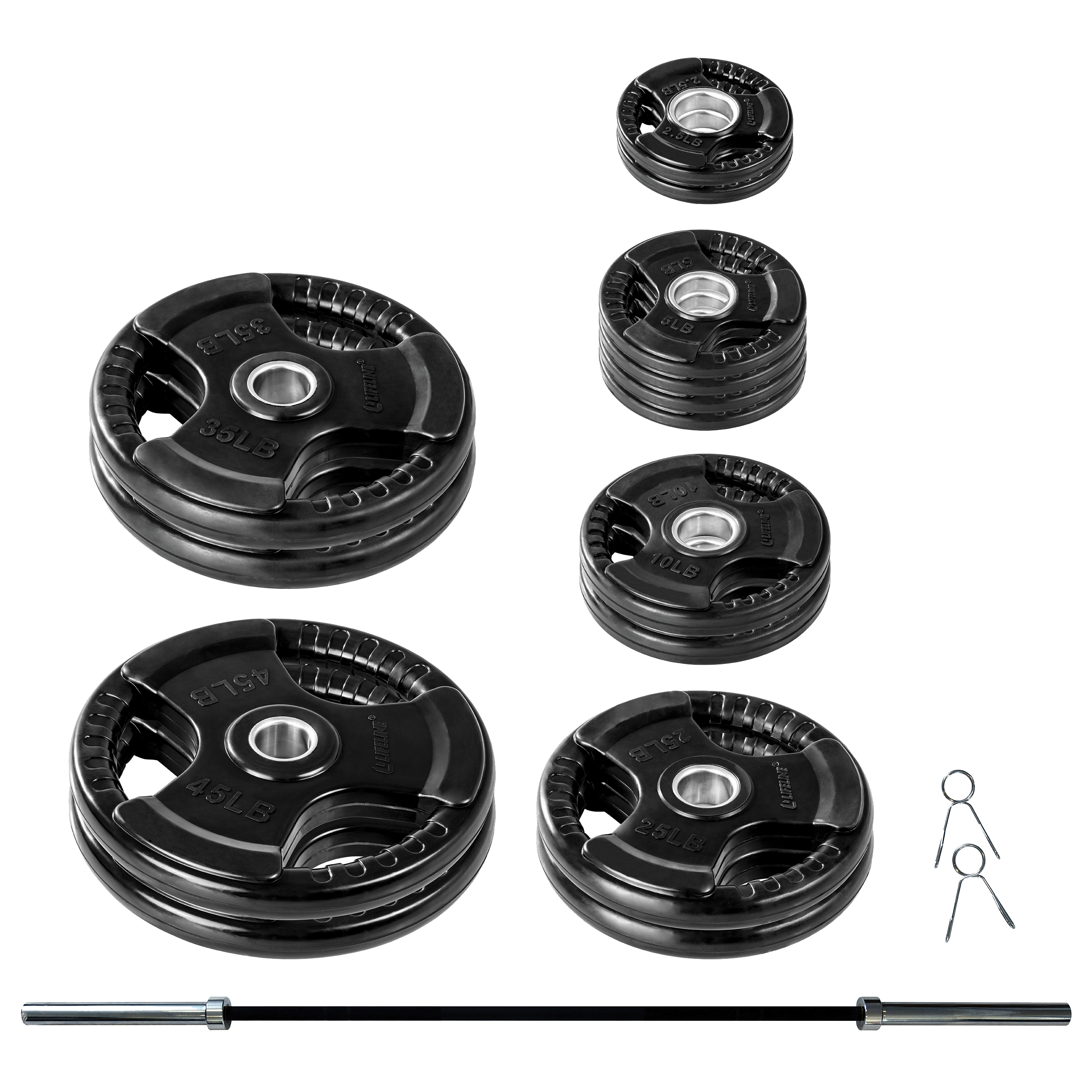Lifeline 300Lb Pro Olympic Grip Plate (Rubber Coated) Set:  (2) 2.5Lb (4) 5Lb (2) 10Lb (2) 25Lb (2) 35Lb (2) 45Lb (1) 45Lb Olympic Bar W/(2) Collars