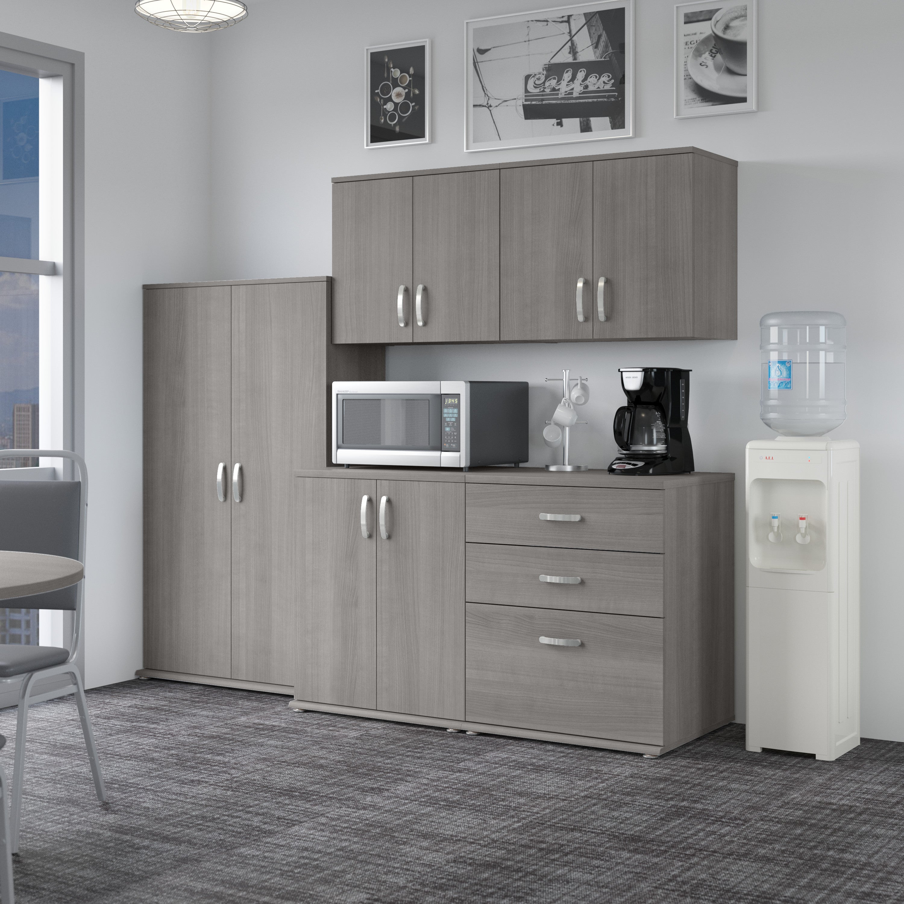 Bush Business Furniture Universal 92W 5 Piece Modular Storage Set with Floor and Wall Cabinets in Platinum Gray - 82.41" Width x 24.69" Depth x 61.81" Height