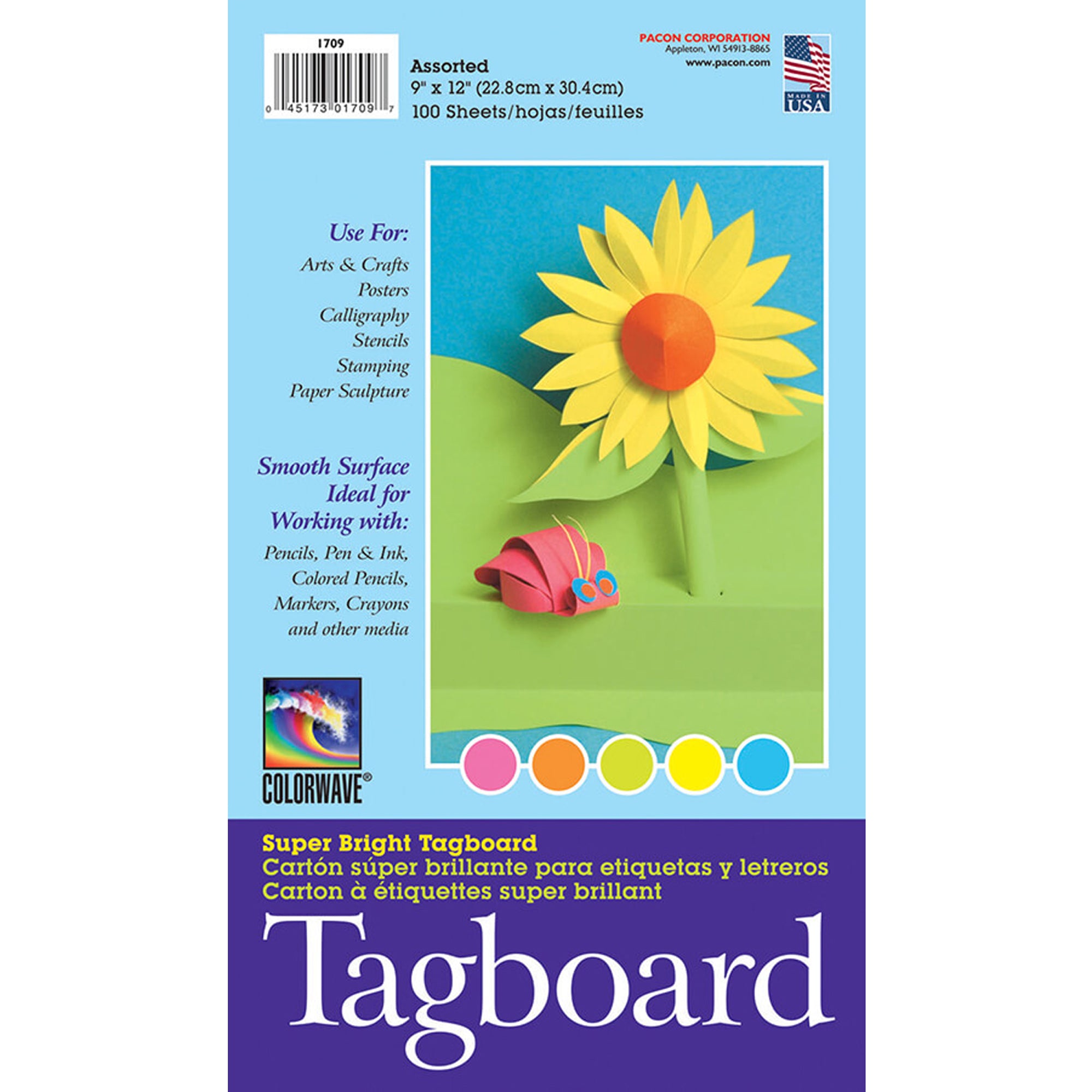 Super Bright Assorted Tagboard, 5 Super Bright Assorted Colors, 9" x 12", 100 Sheets