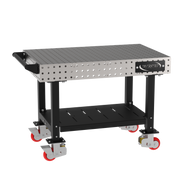 Welding Fixture Table, Fixed Height, 36"H x 48"L x 30"D, 1/4" Carbon Steel Top, Four Black Powdercoat Legs, Shelf, Handle, 4 Heavy Duty Suspension Casters (2 Locking/Swiveling Casters and 2 Non-Locking/Non-SwivelingCasters)