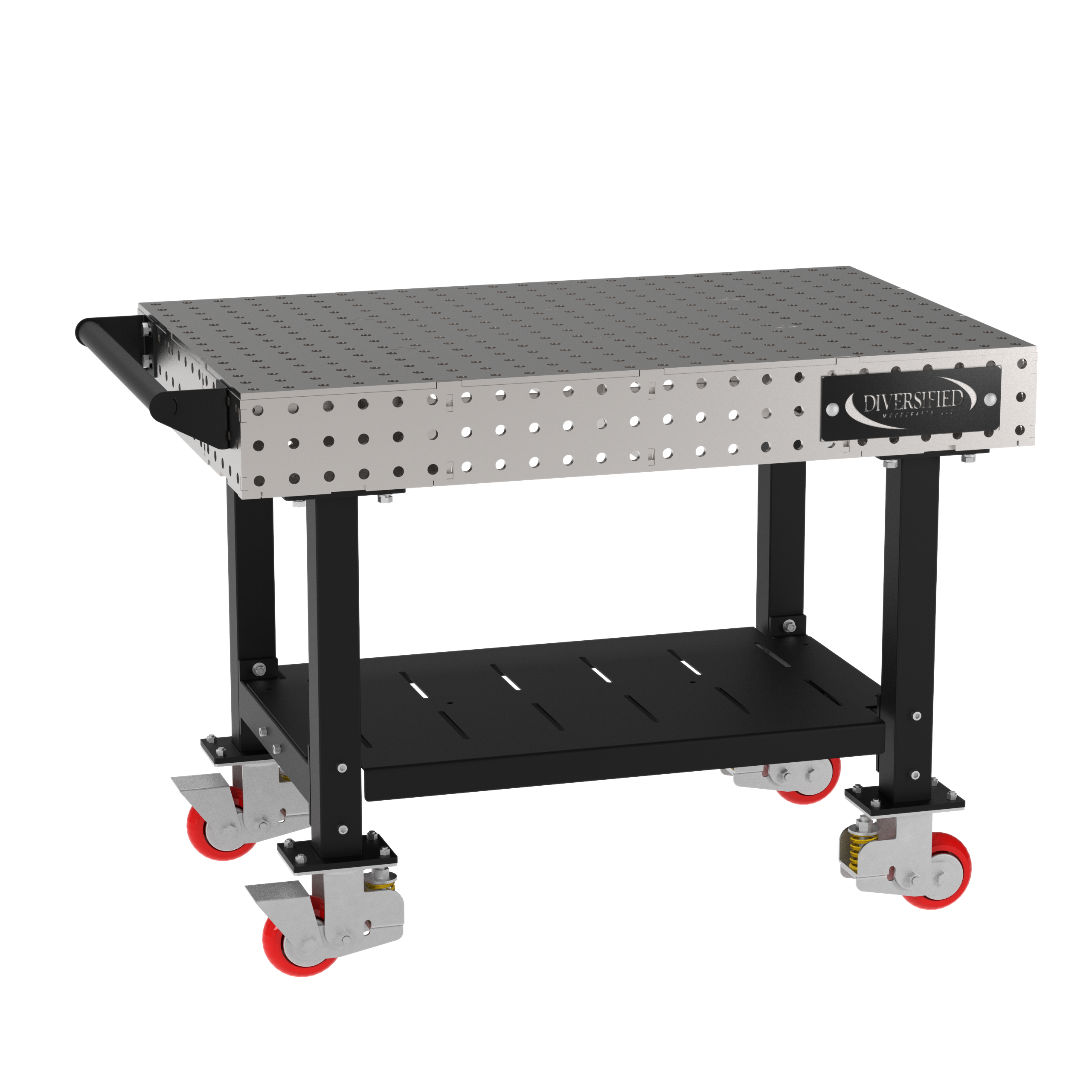 Welding Fixture Table, Fixed Height, 36"H x 48"L x 30"D, 1/4" Carbon Steel Top, Four Black Powdercoat Legs, Shelf, Handle, 4 Heavy Duty Suspension Casters (2 Locking/Swiveling Casters and 2 Non-Locking/Non-SwivelingCasters)