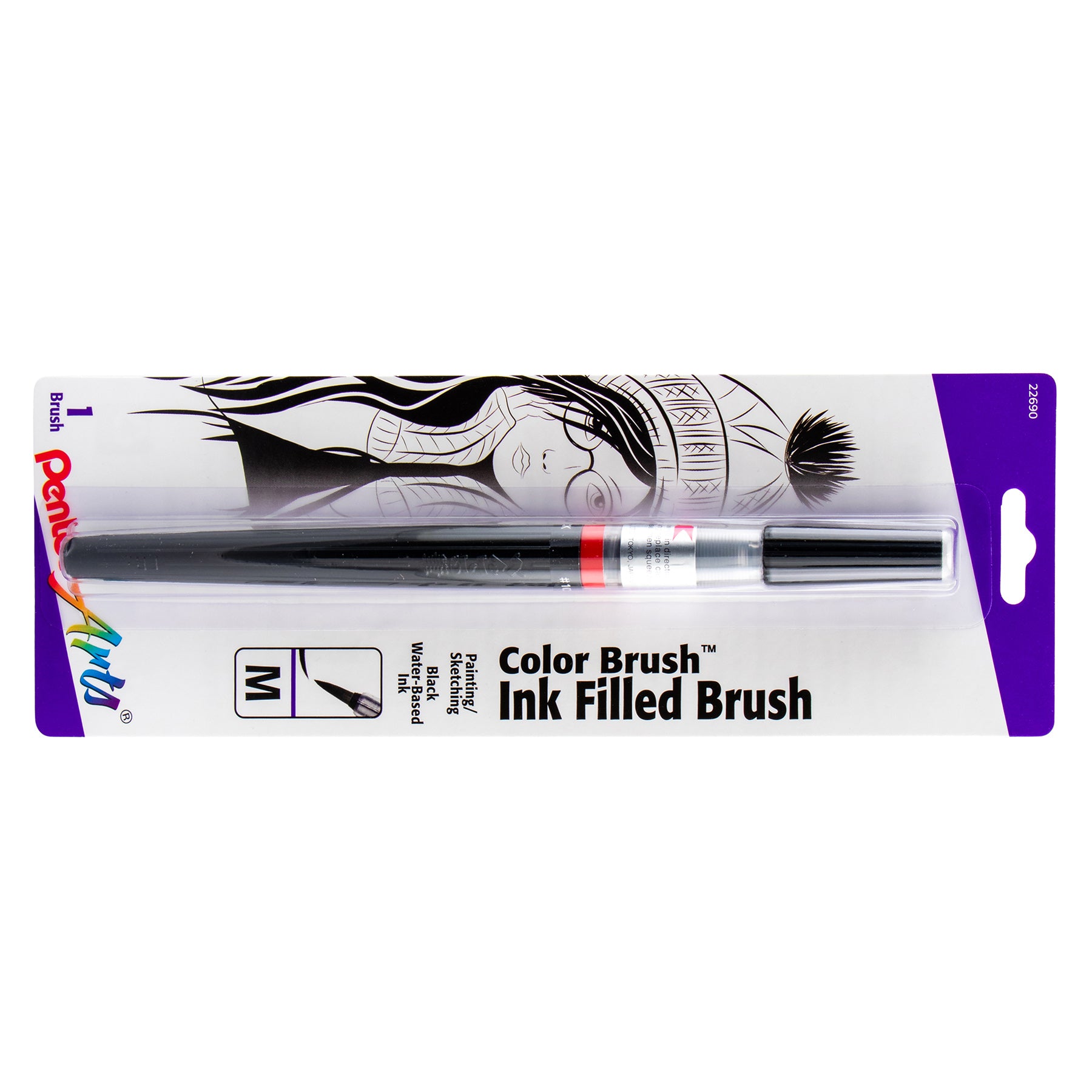 Color Brush with Water-Based Ink, Medium Tip, Black, 1-Pack
