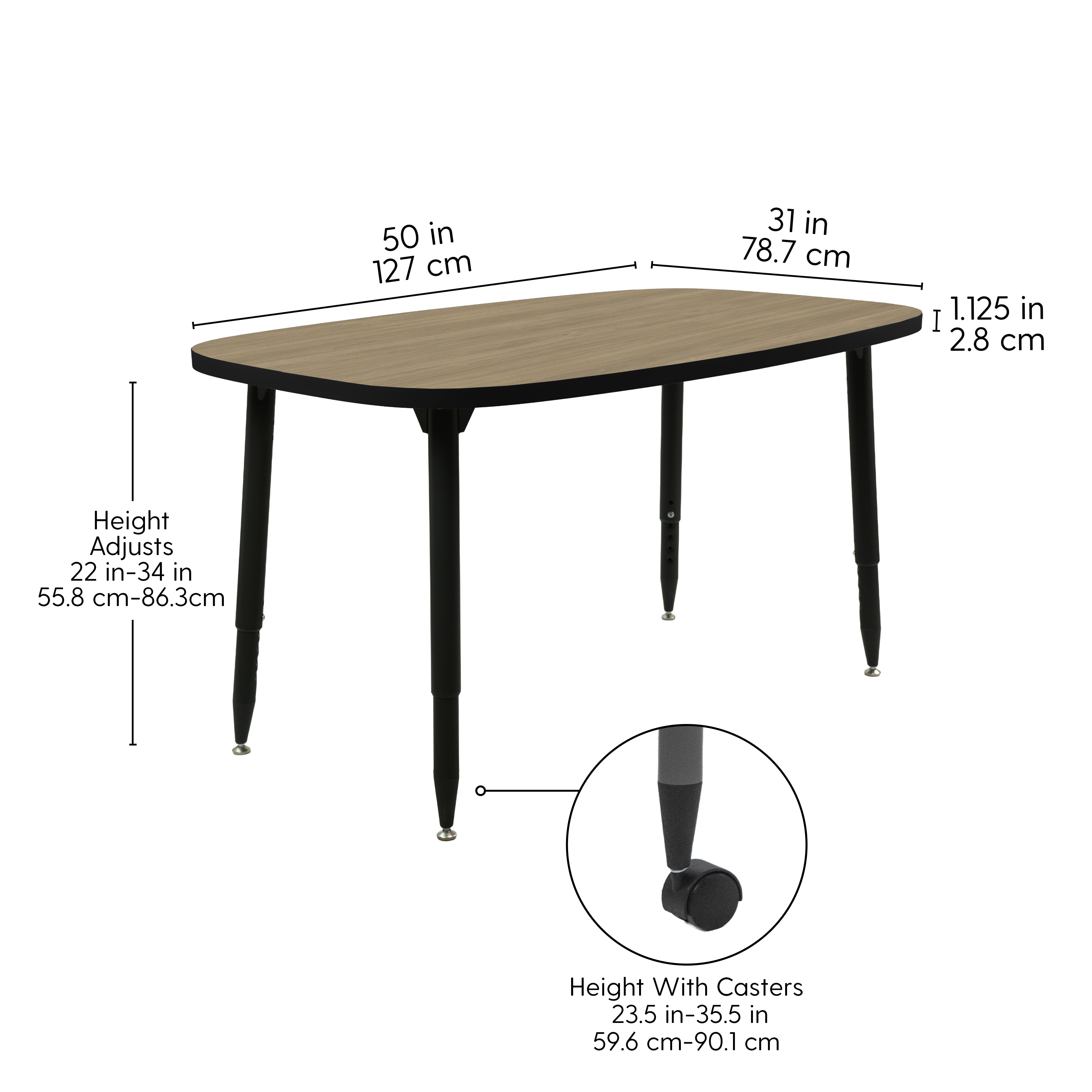 Adapte 31" x 50" Rounded Rectangle Thermofused Activity Table with Adjustable Tapered Legs - Pasadena Oak/Black