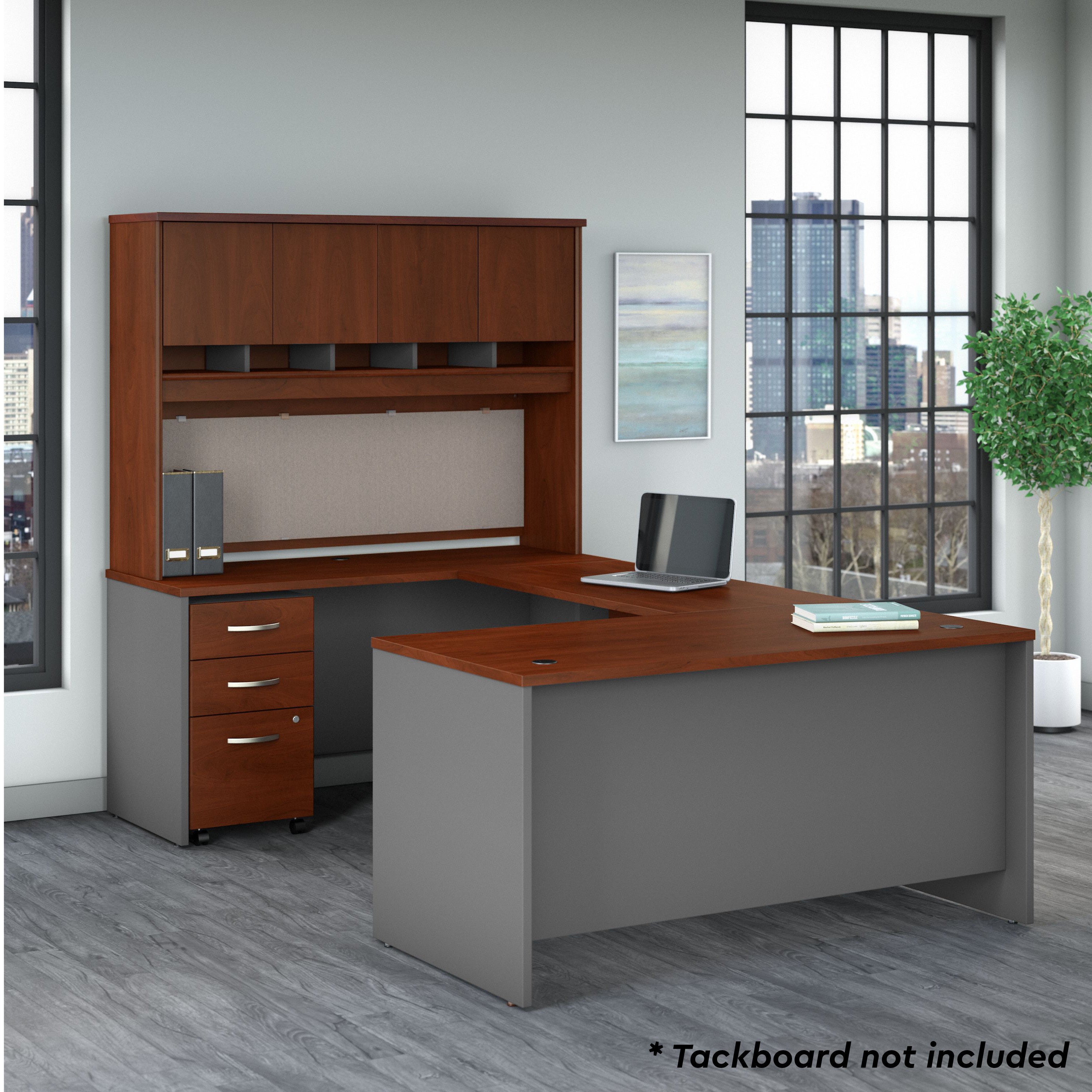 Bush Business Furniture Series C 60W U Shaped Desk with Hutch and Mobile File Cabinet in Hansen Cherry - 59.45" Width x 100.4" Depth x 72.85" Height