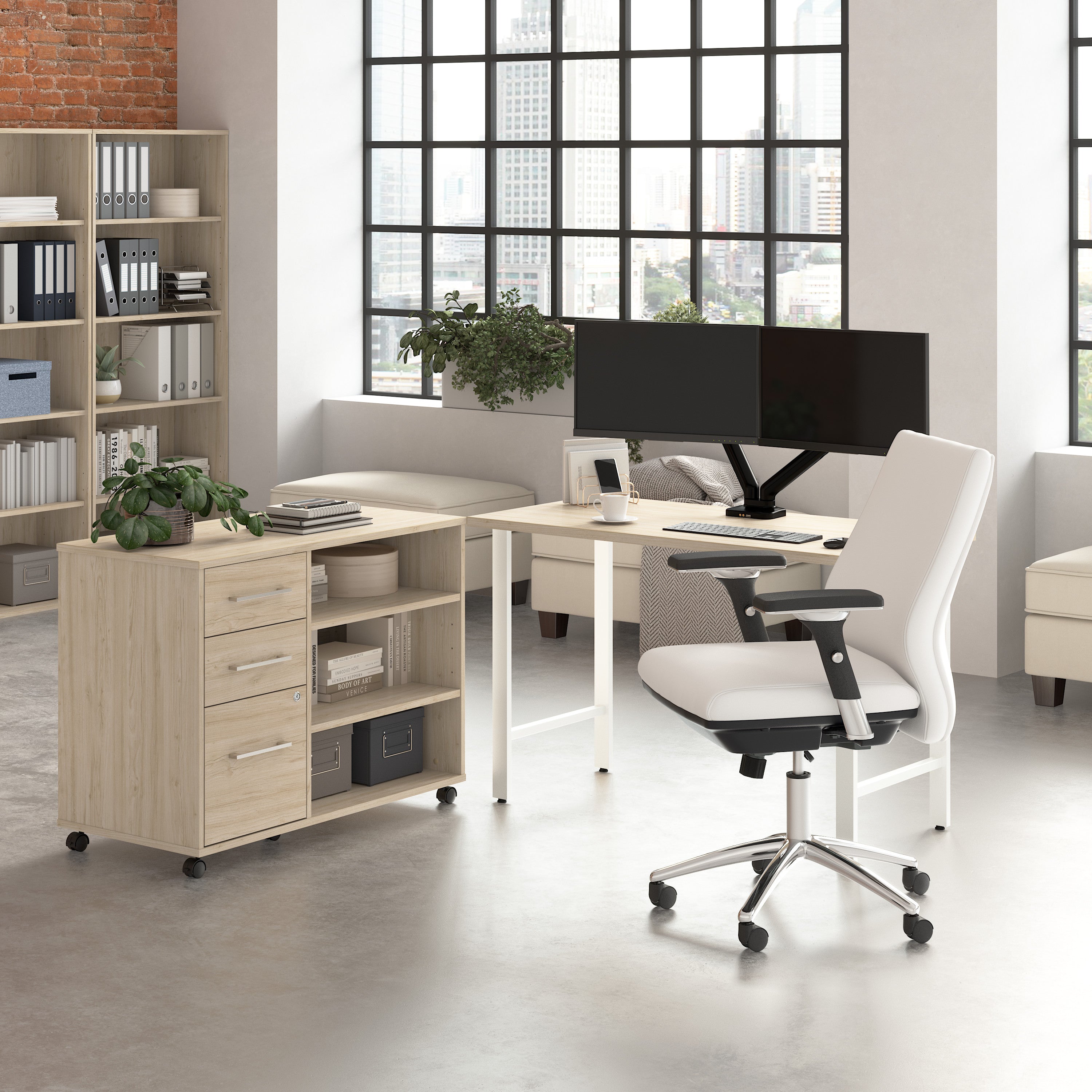 Bush Business Furniture Hustle 48W x 24D Computer Desk and Storage Cabinet with Drawers and Shelves in Natural Elm - 47.59" Width x 23.34" Depth x 30.07" Height