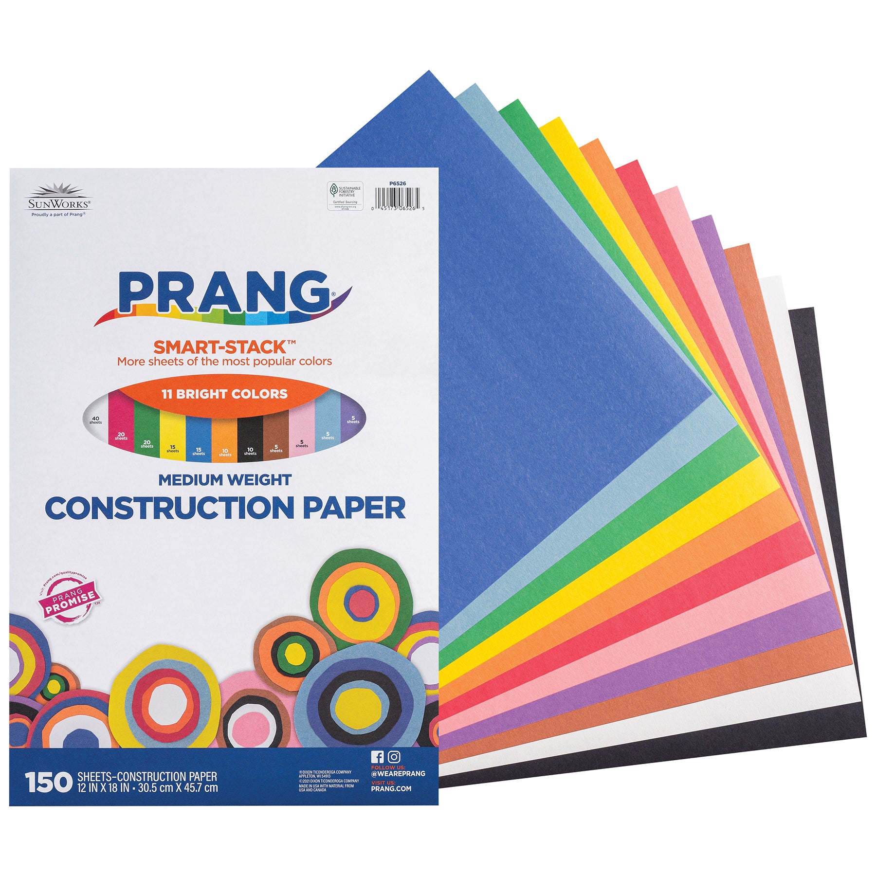 Smart Stack™ Construction Paper, Medium Weight, 11 Assorted Colors, 12" x 18", 150 Sheets