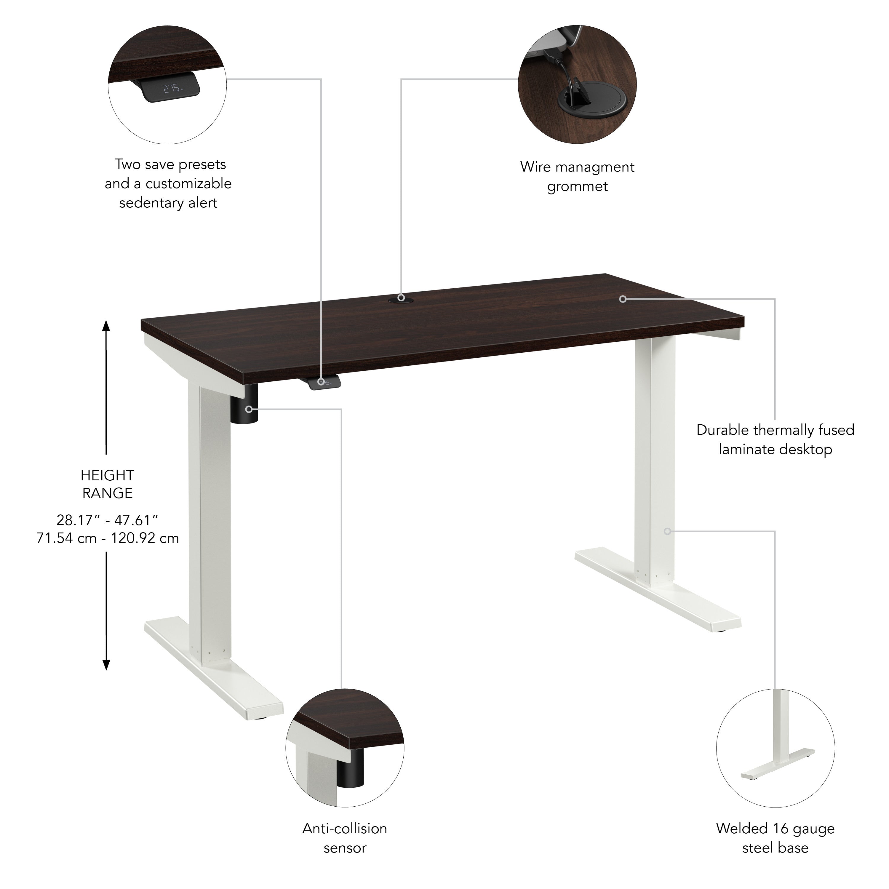 Bush Business Furniture Move 40 Series 48W x 24D Electric Height Adjustable Standing Desk in Black Walnut with White Base - 47.6" Width x 23.35" Depth x 28.17" Height