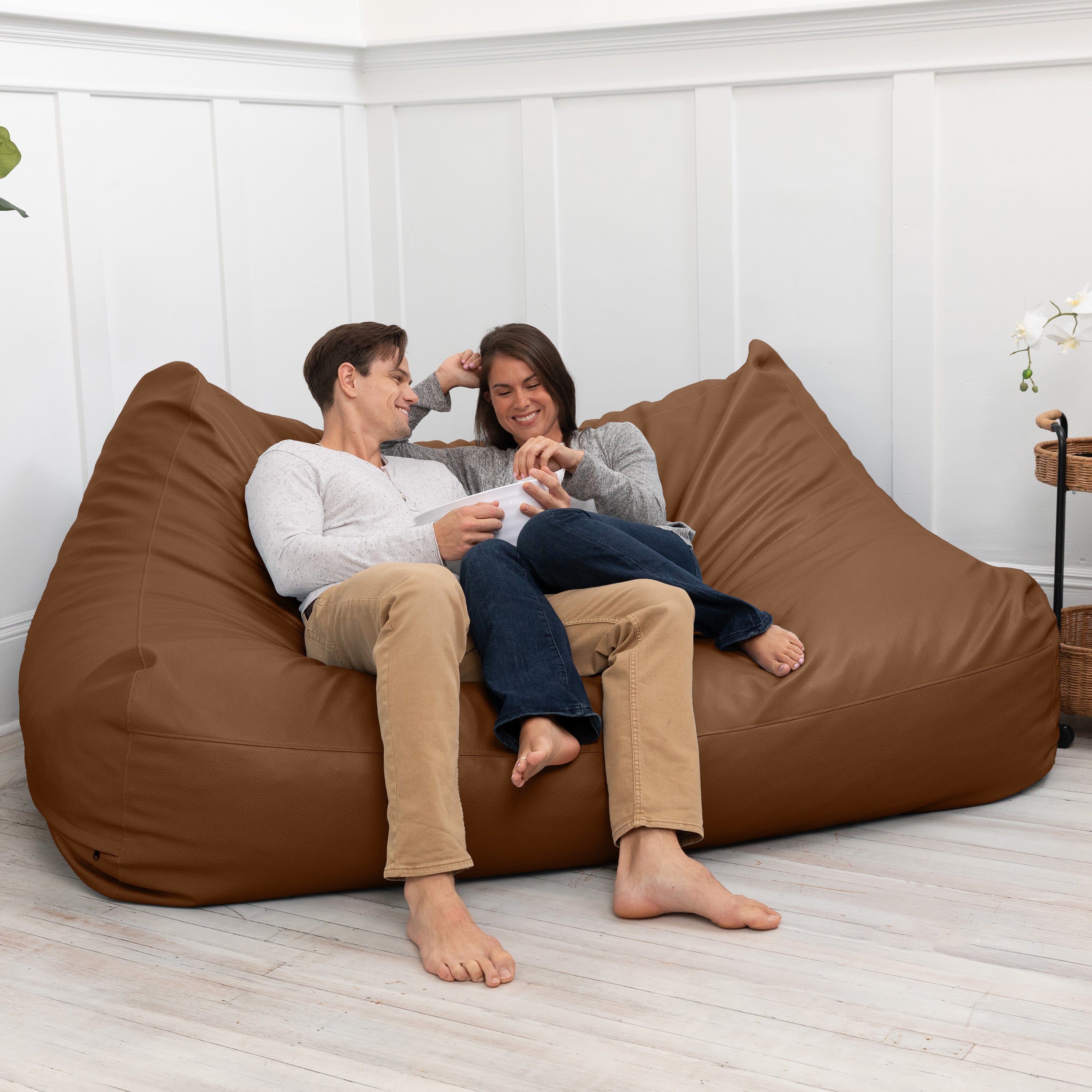 Atrium Collection Lozia Loveseat - Large Foam Bean Bag Sofa for Home Theaters, Offices, Schools, Reception & Waiting Rooms - Faux-Leather - Walnut