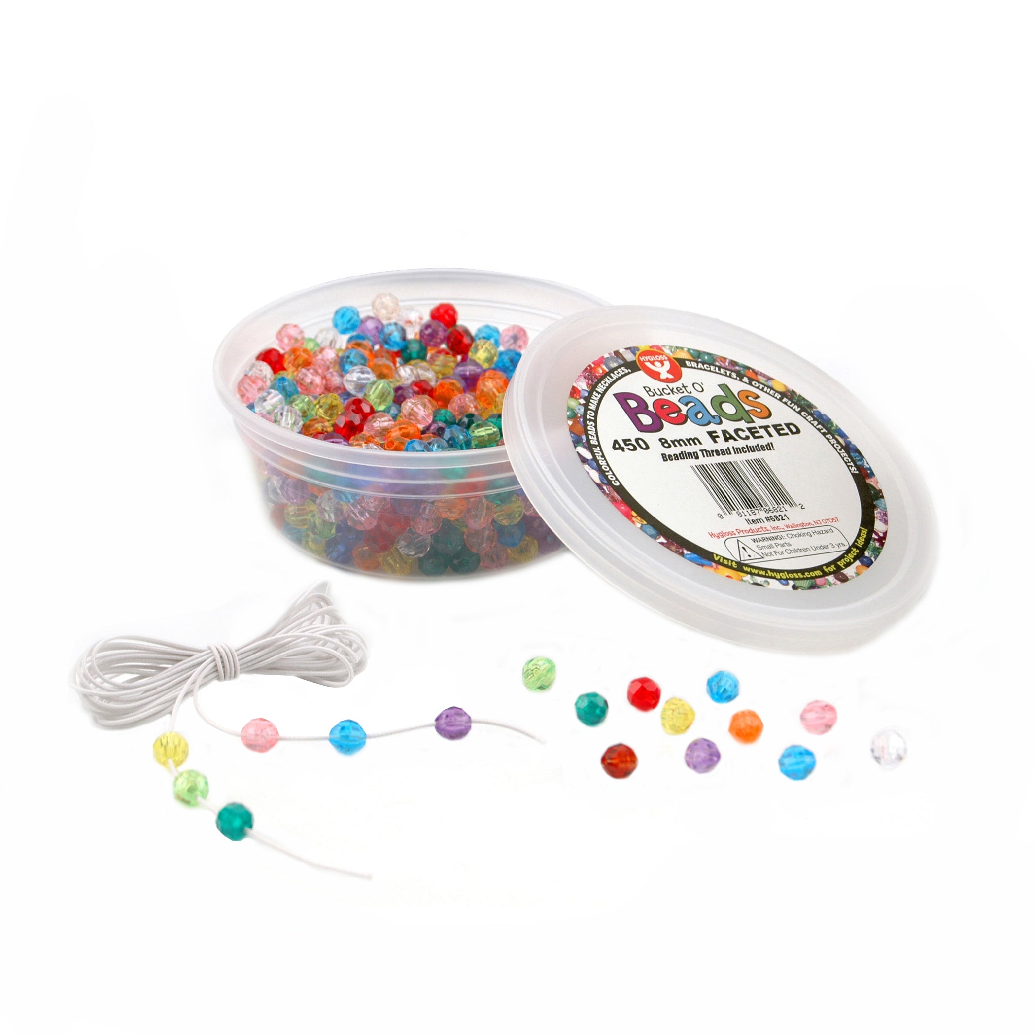 Bucket O'Beads w/ Thread - 450 of faceted, 8 mm, translucent