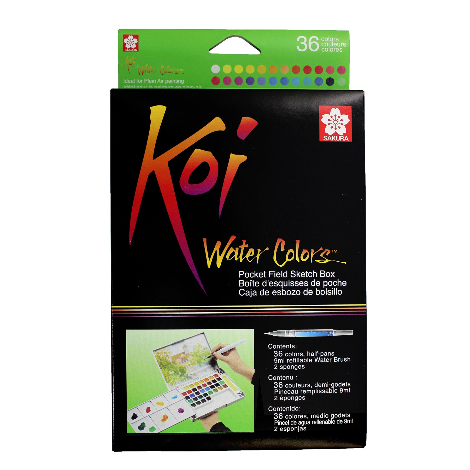 Koi Water Colors Field Sketch Box with Brush, 36 Colors
