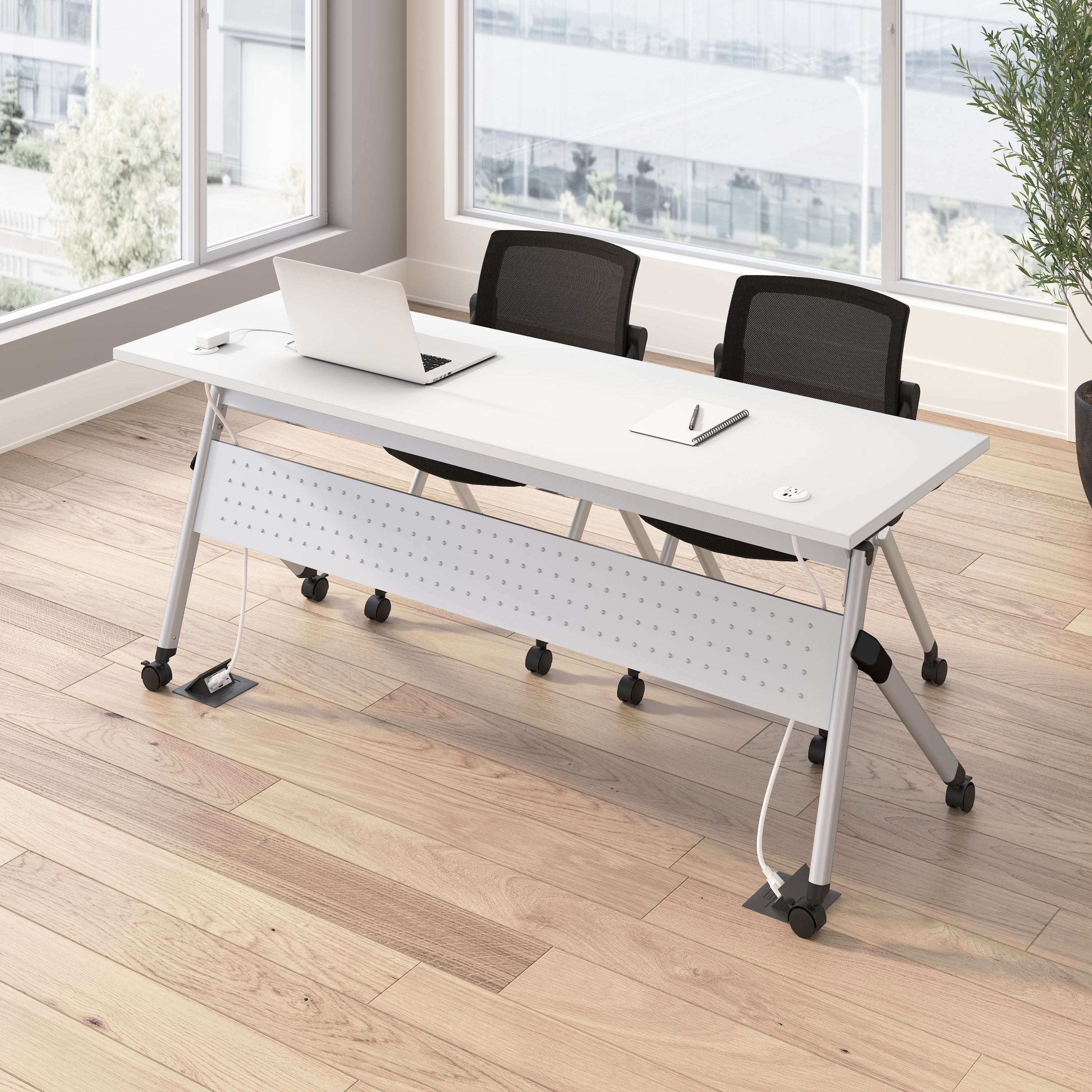 Bush Business Furniture Envision 72W Folding Training Table with Powered Grommets and 2 Chairs in White - 71.02" Width x 23.54" Depth x 32.87" Height