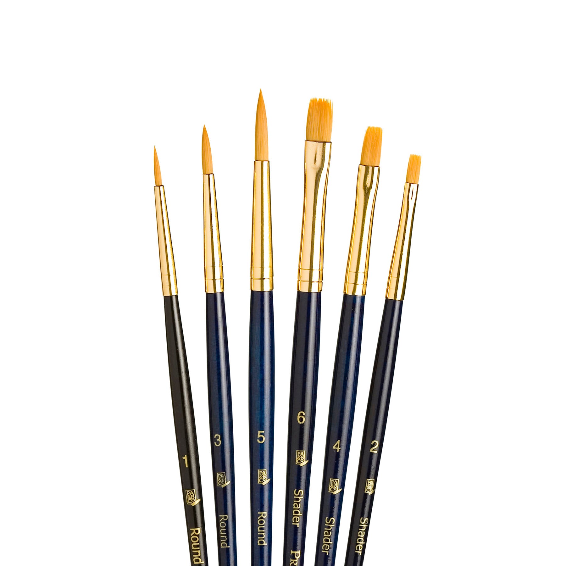 RealValue Brush Set, Gold Taklon Bristles, Short Handle Mixed Media Paintbrush, Dark Blue, 6 Pieces