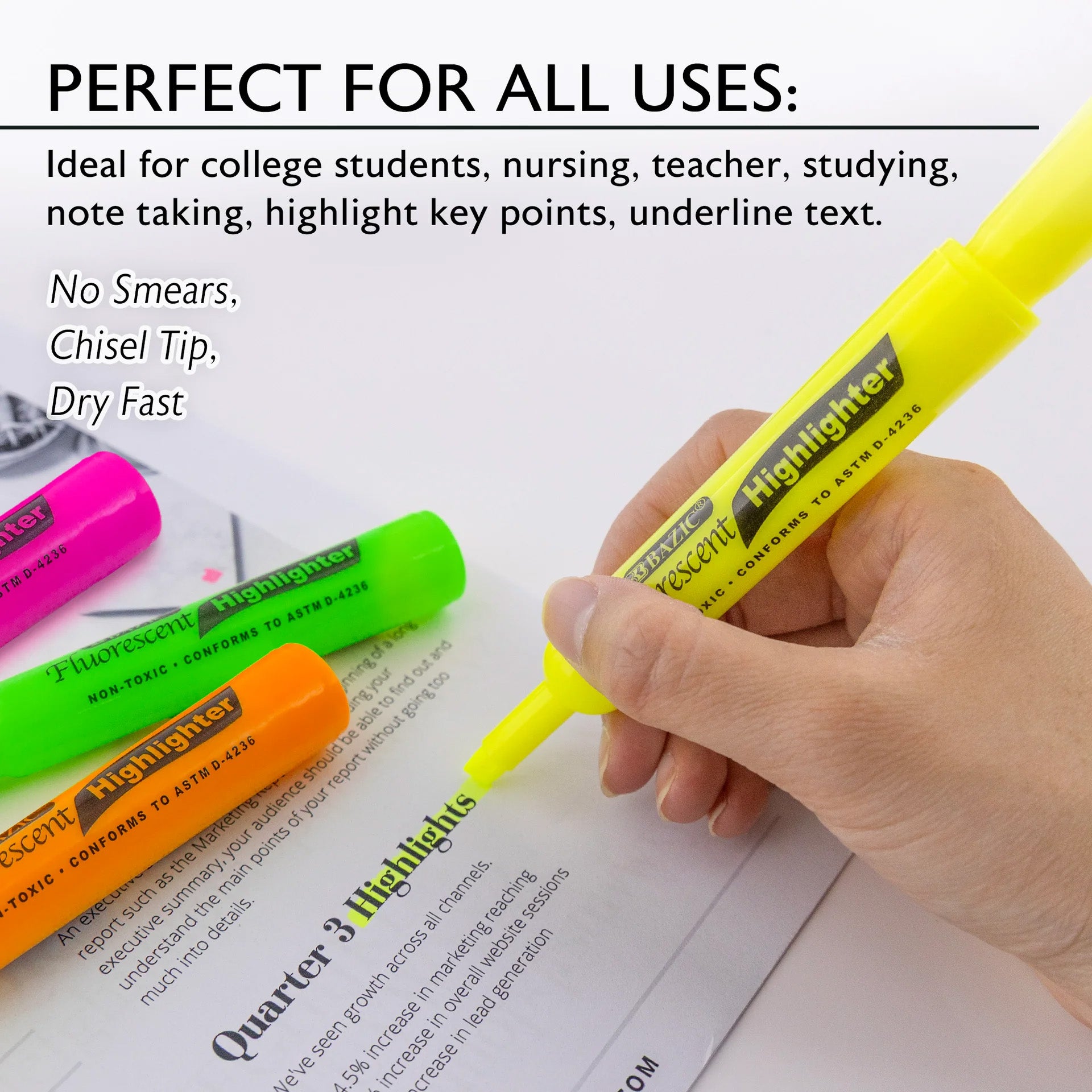Desk Style Fluorescent Highlighters, Pack of 4