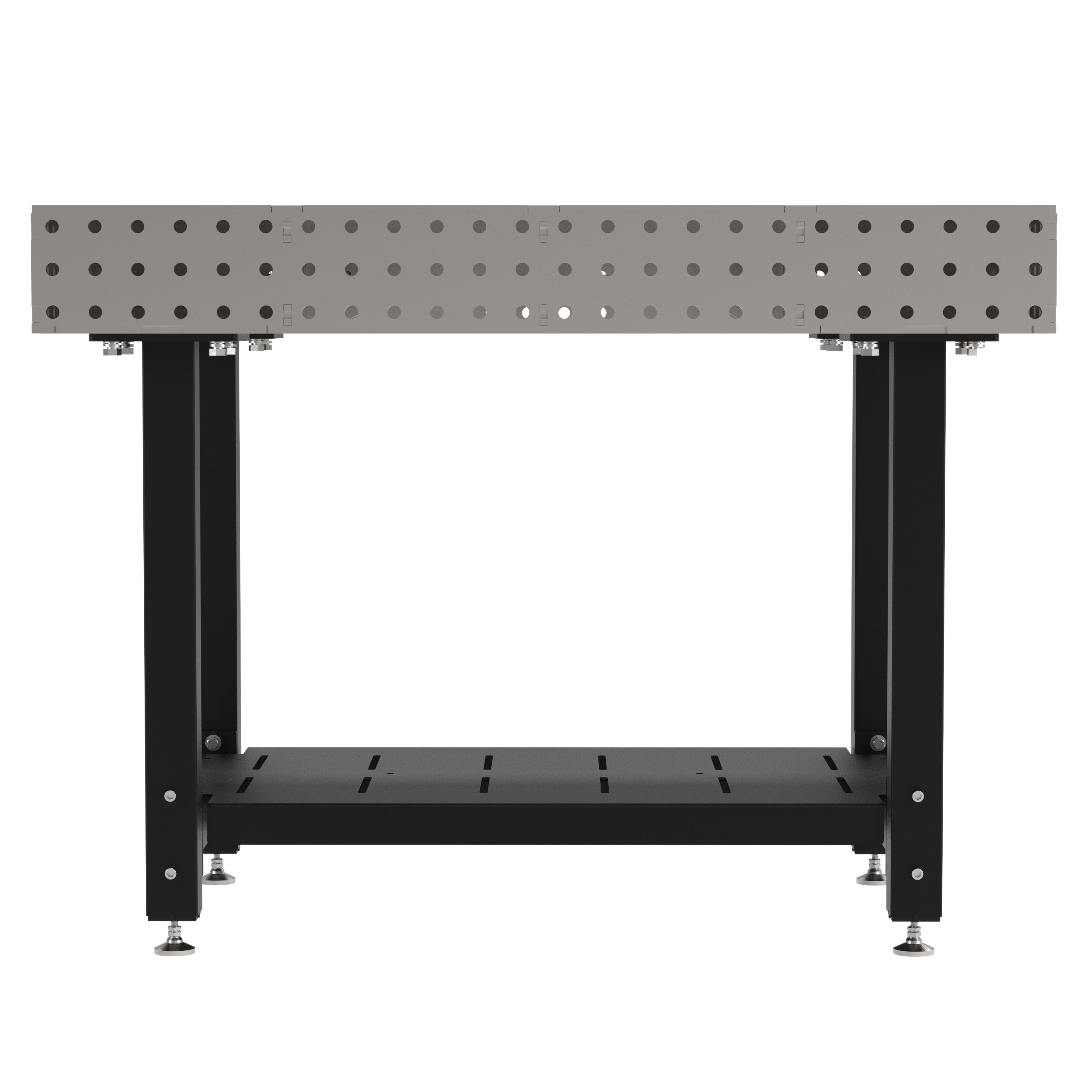 Welding Fixture Table, Fixed Height, 36"H x 48"L x 30"D, 1/4" Carbon Steel Top, Four Black Powdercoat Legs, Shelf, Self-Leveling Feet