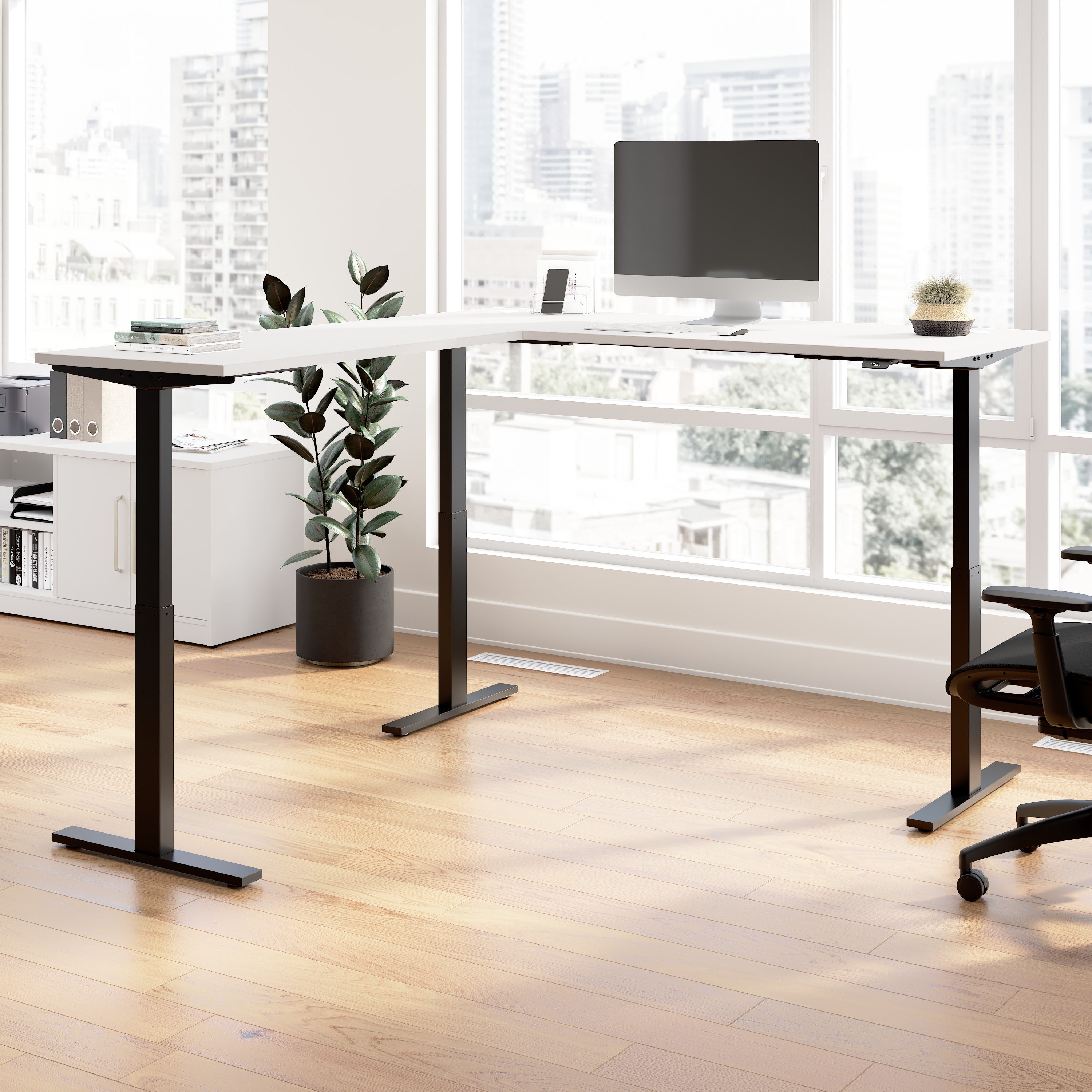 Bush Business Furniture Move 60 Series 72W Height Adjustable L Shaped Standing Desk in White with Black Base - 71.02" Width x 76.97" Depth x 27.44" Height
