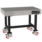 Welding Fixture Table, Fixed Height, 36"H x 48"L x 30"D, 1/4" Carbon Steel Top, Four Black  Powdercoat Legs, 4 Heavy Duty Suspension Casters (2 Locking/Swiveling Casters and 2 Non-Locking/Non-SwivelingCasters)
