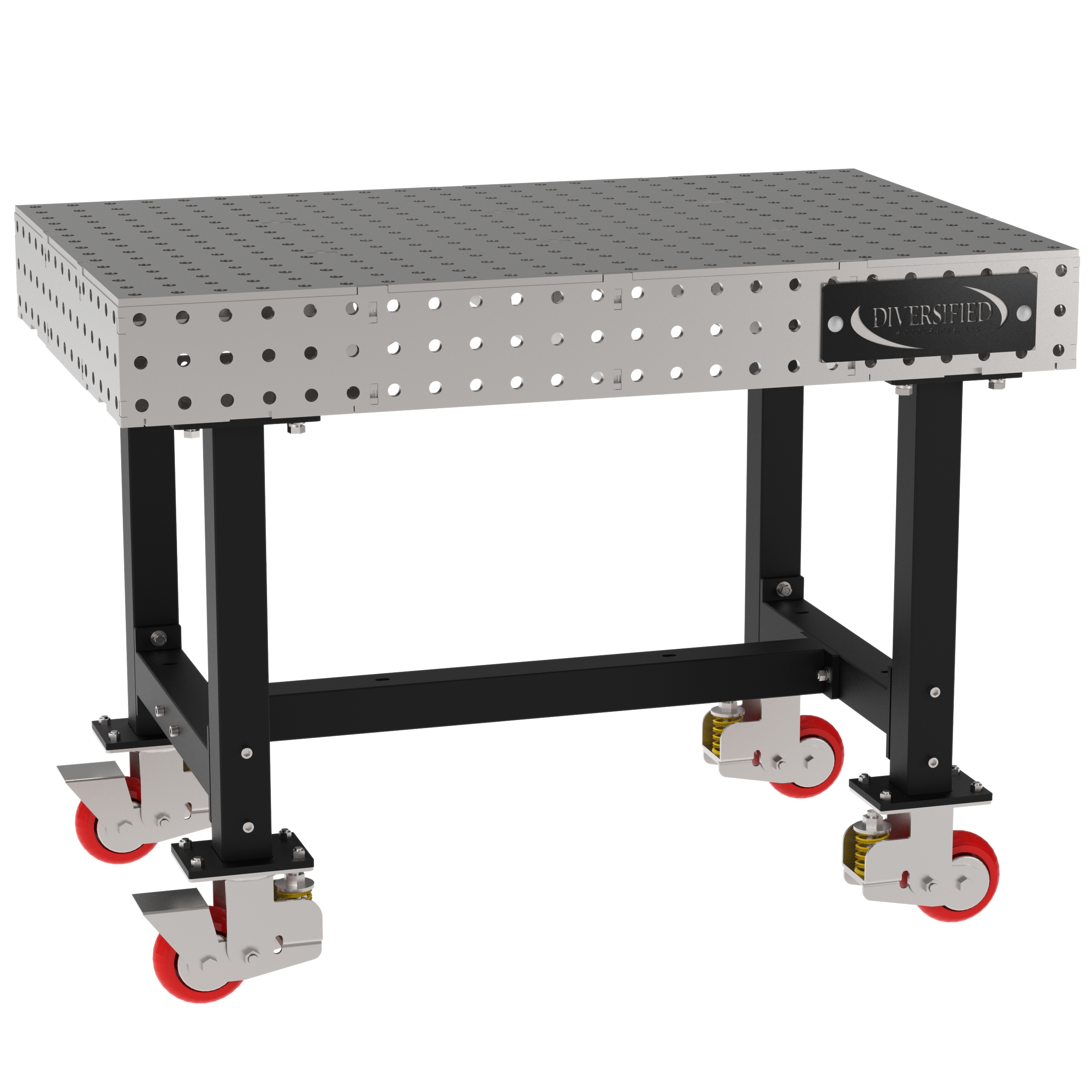 Welding Fixture Table, Fixed Height, 36"H x 48"L x 30"D, 1/4" Carbon Steel Top, Four Black  Powdercoat Legs, 4 Heavy Duty Suspension Casters (2 Locking/Swiveling Casters and 2 Non-Locking/Non-SwivelingCasters)