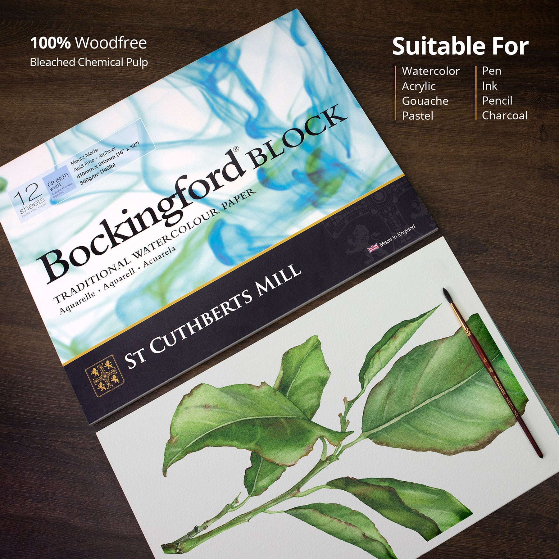 Bockingford Watercolor Block, Cold Pressed, White, 140lb/300gsm, 12 Sheet, 12x16 inch, 1 Count