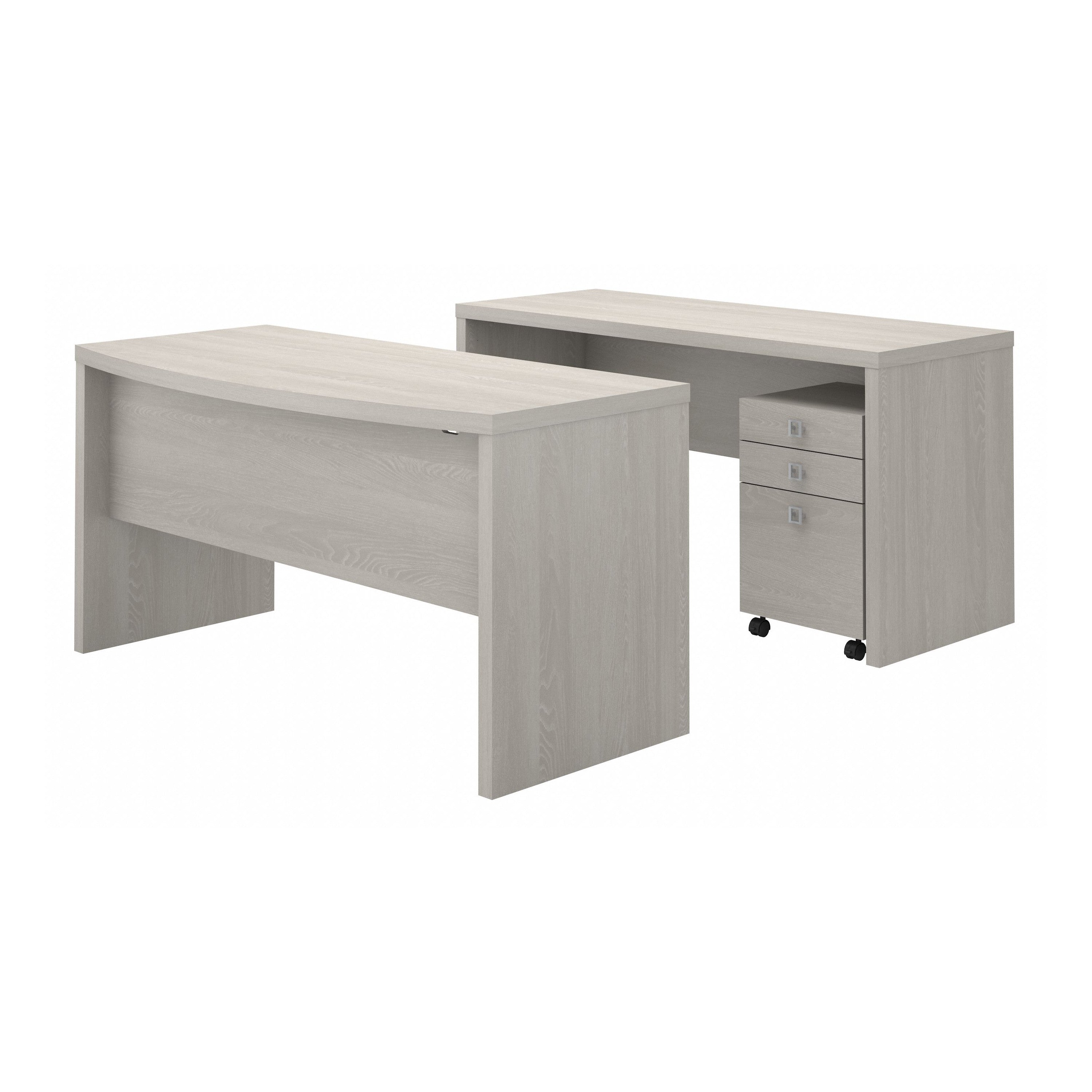 Bush Business Furniture Echo Bow Front Desk and Credenza with Mobile File Cabinet in Gray Sand - 60" Width x 87.57" Depth x 30" Height