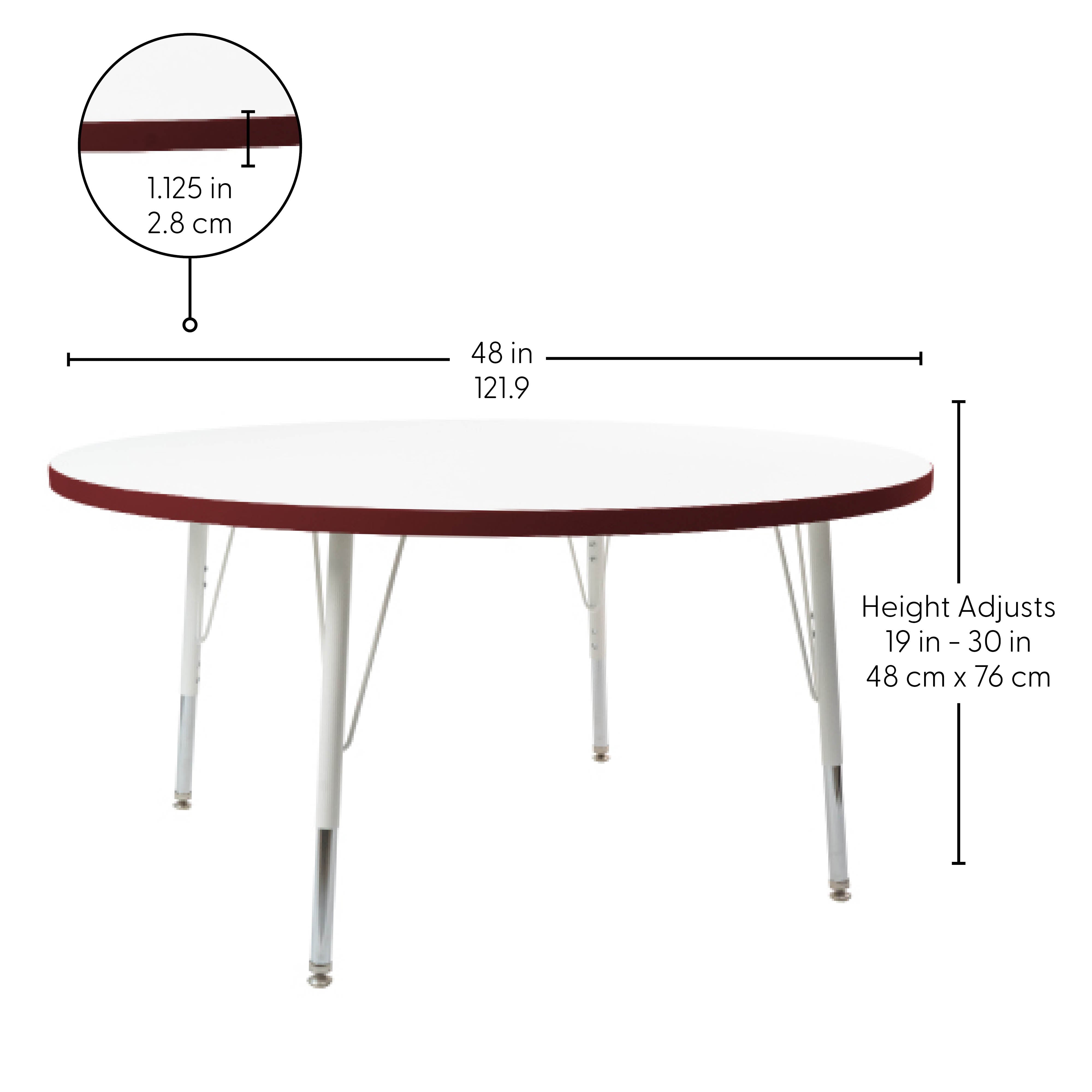 48" Round Thermofused Activity Table with Adjustable Standard Swivel Glide Legs - White/Burgundy/White