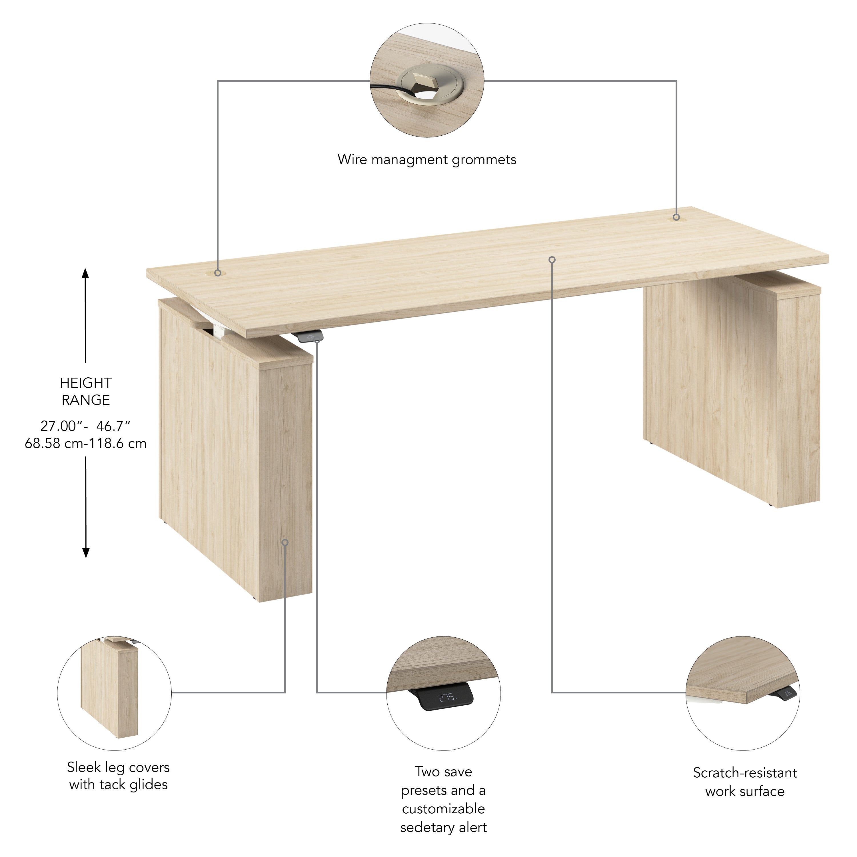 Bush Business Furniture Stratus&nbsp;72W x&nbsp;30D Electric Height Adjustable Standing Desk in Natural Elm with White Base - 71.02" Width x 29.37" Depth x 27.44" Height