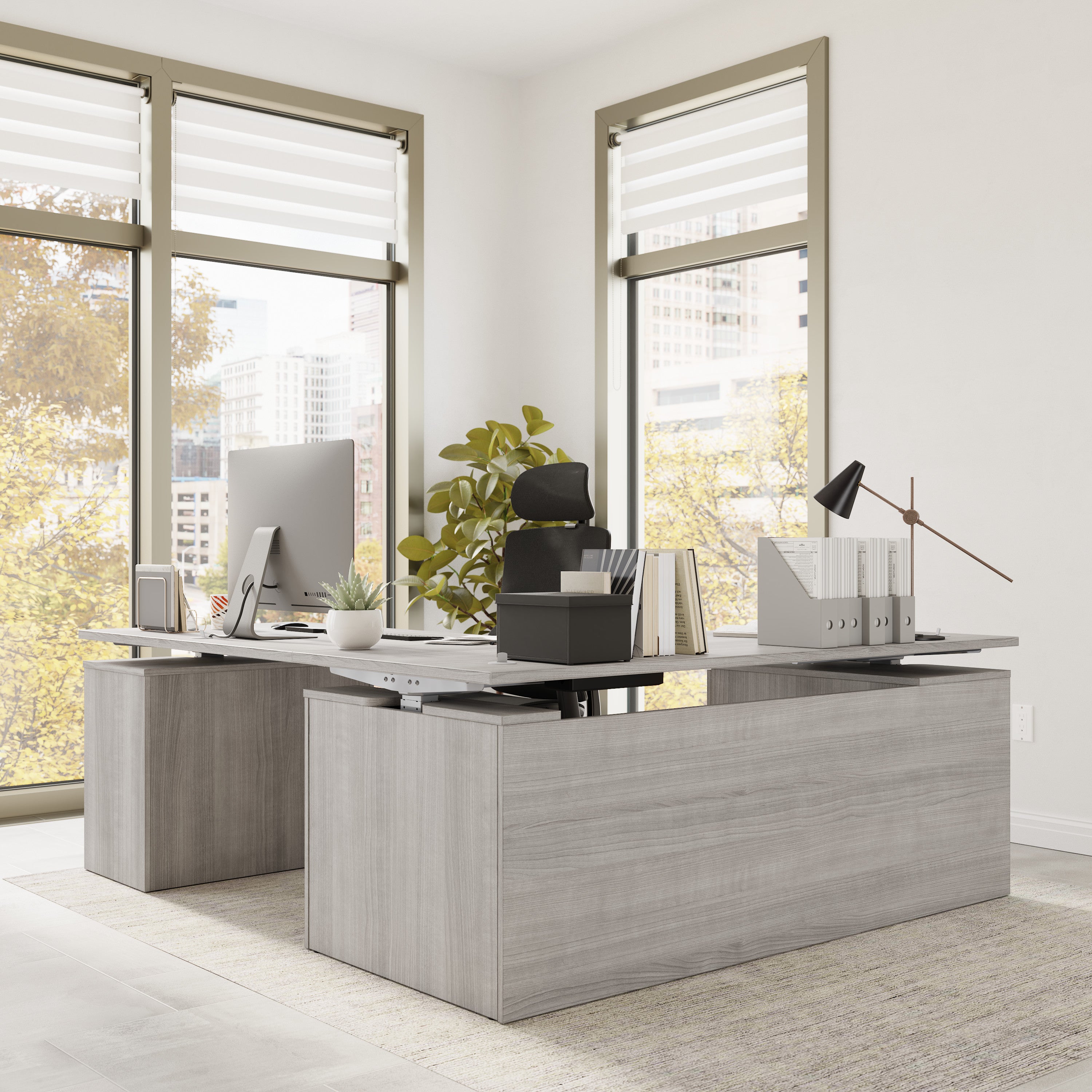 Bush Business Furniture Stratus&nbsp;72W x&nbsp;78D Height Adjustable L Shaped Standing Desk with Drawers in Platinum Gray with Metallic Gray Base - 71.02" Width x 76.97" Depth x 27.44" Height