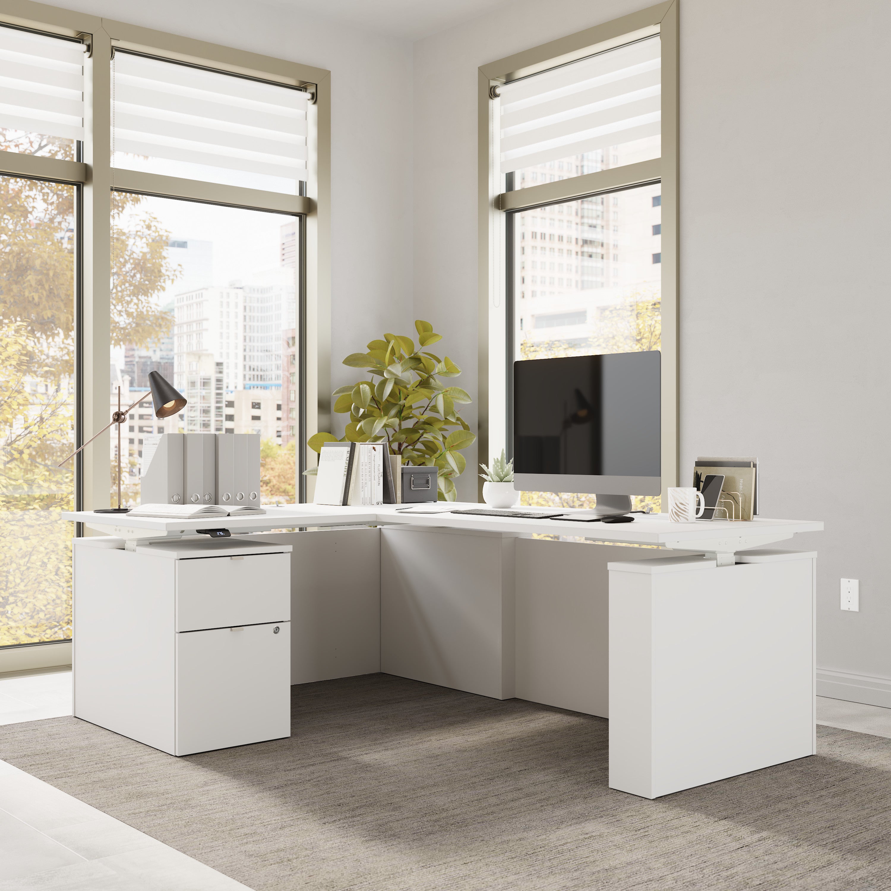 Bush Business Furniture Stratus&nbsp;60W x&nbsp;78D Height Adjustable L Shaped Standing Desk with File Cabinet in White with White Base - 59.45" Width x 76.97" Depth x 27.44" Height