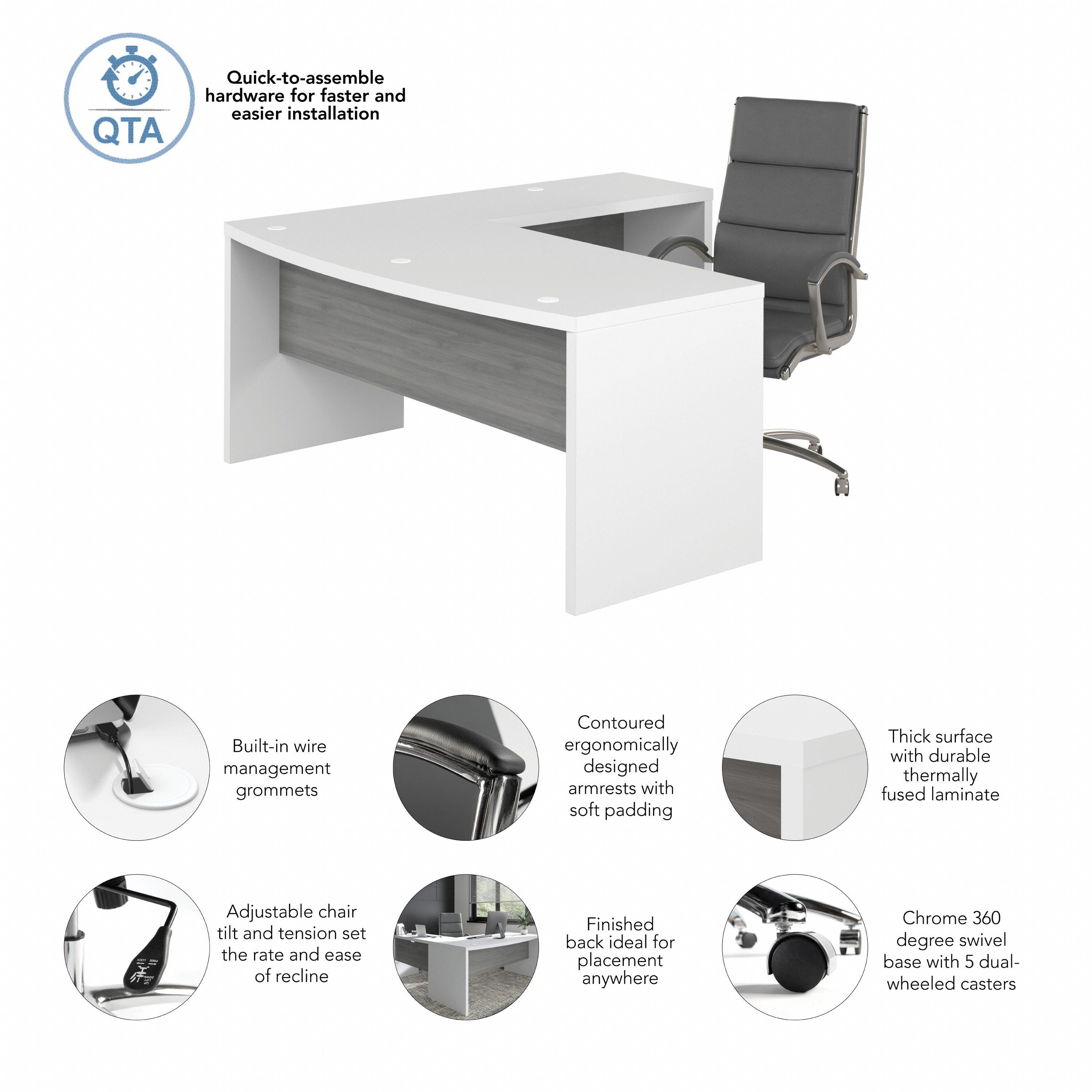 Bush Business Furniture Echo 72W Bow Front L Shaped Desk and Chair Set in Pure White and Modern Gray - 71.97" Width x 77.32" Depth x 42.91" Height