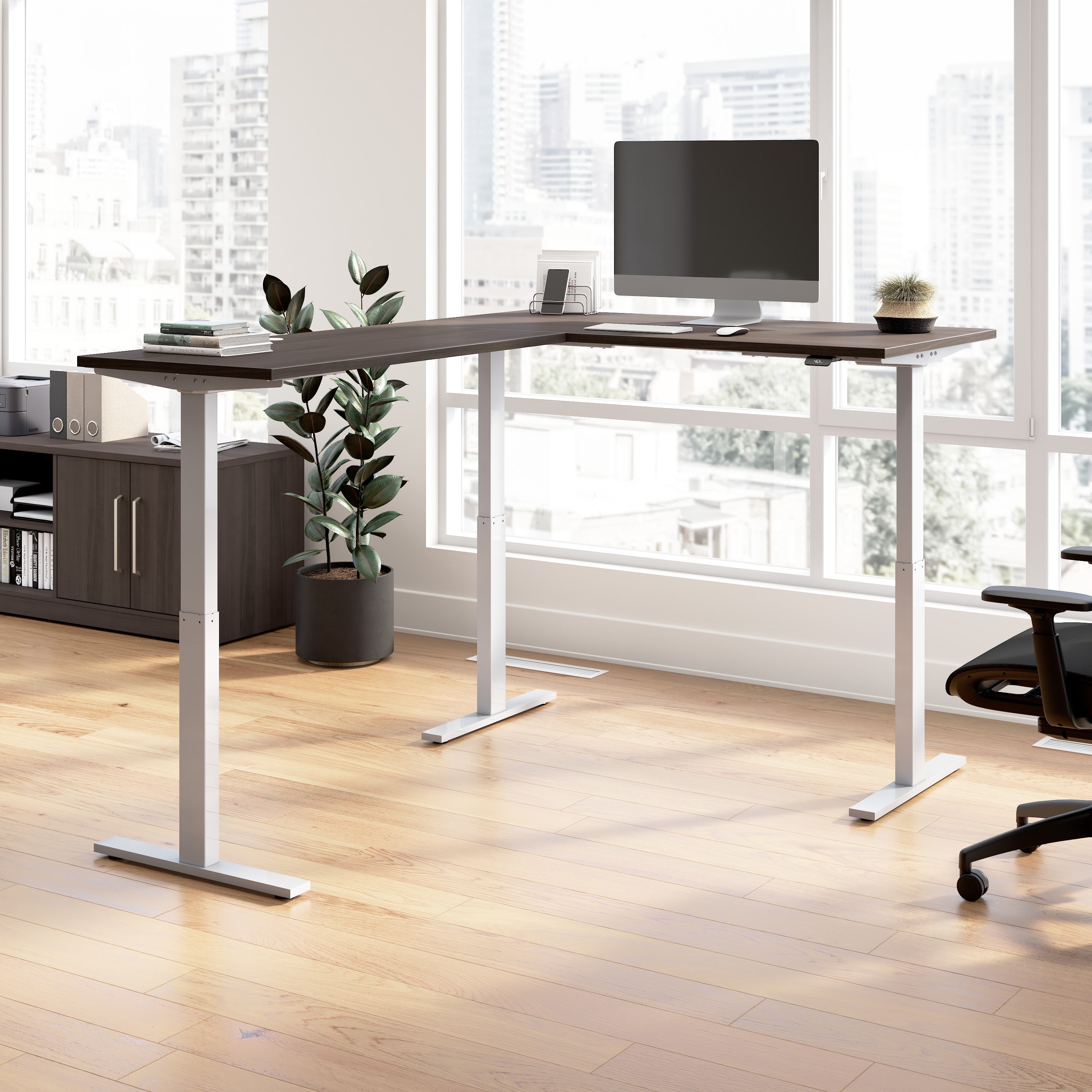Bush Business Furniture Move 60 Series 60W Height Adjustable L Shaped Standing Desk in Storm Gray with Metallic Gray Base - 59.45" Width x 76.97" Depth x 27.44" Height