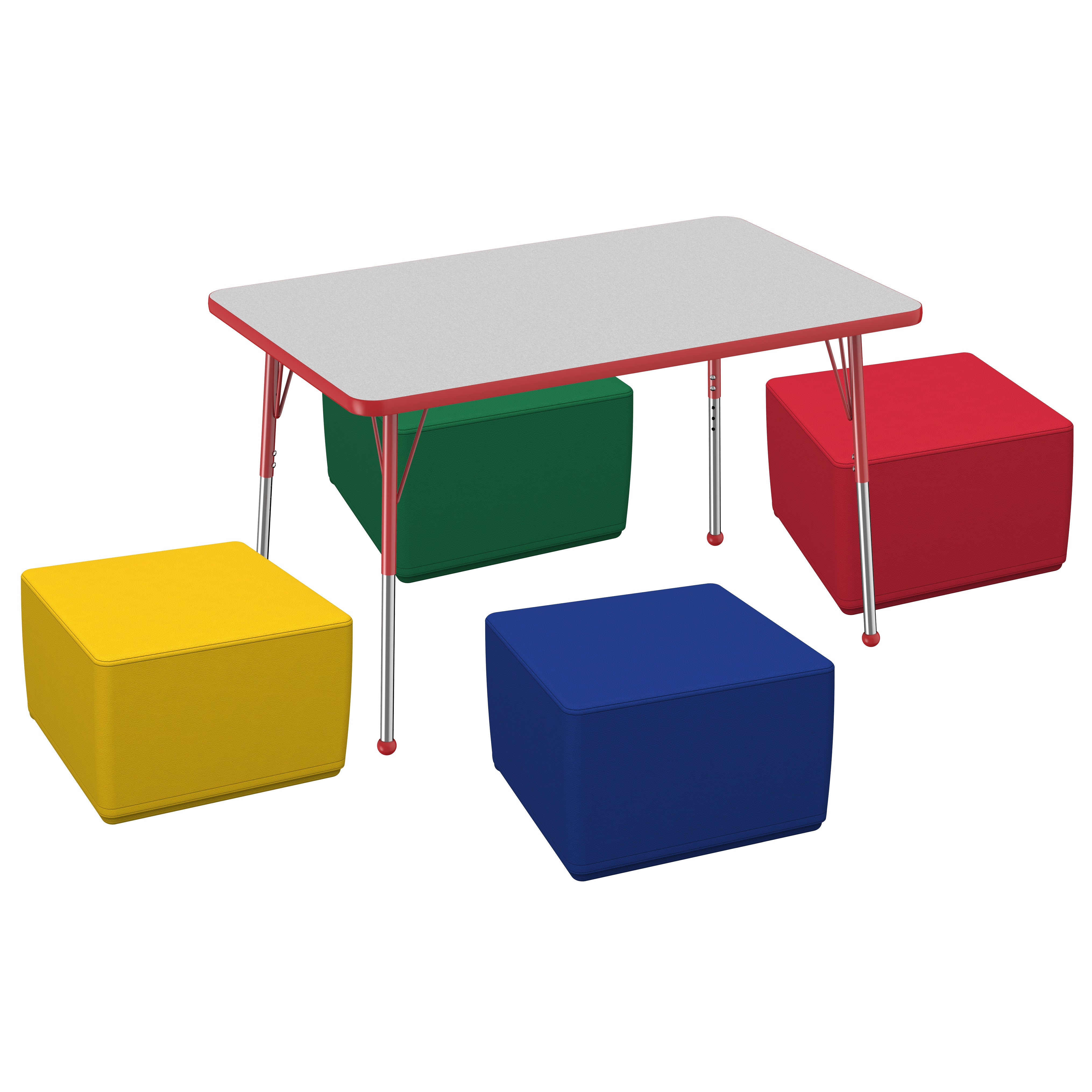 30" x 48" Rectangle T-Molding Activity Table with Standard Ball Legs and Square Ottomans 12" Height, 5-Piece Set - Gray/Red/Assorted