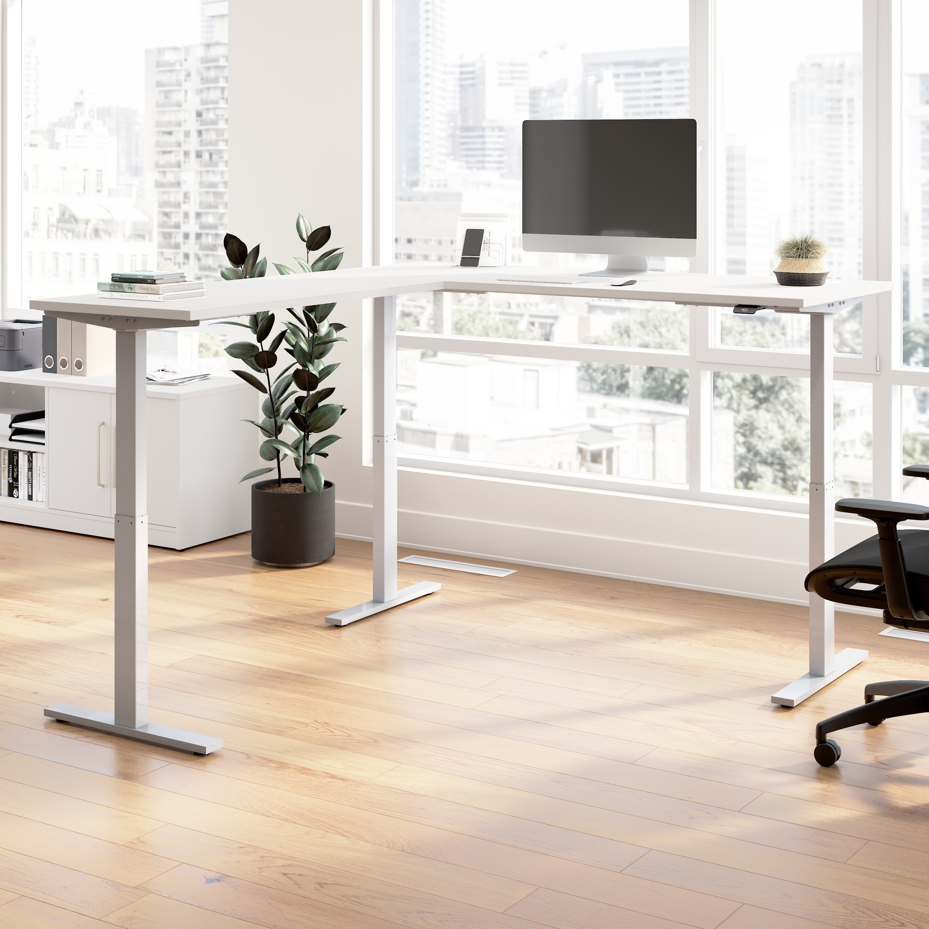 Bush Business Furniture Move 60 Series 72W Height Adjustable L Shaped Standing Desk in White with Metallic Gray Base - 71.02" Width x 76.97" Depth x 27.44" Height