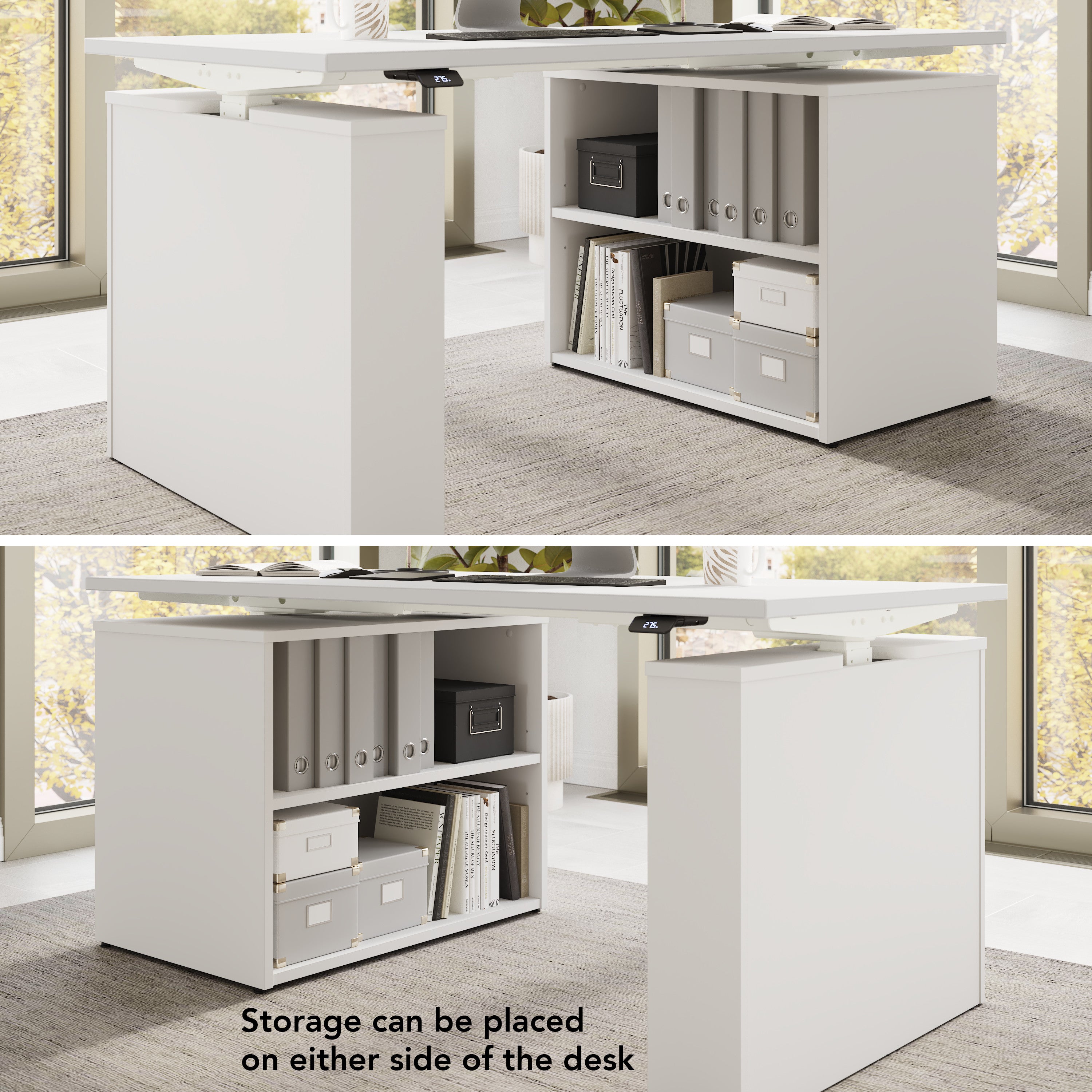 Bush Business Furniture Stratus&nbsp;60W x&nbsp;30D Electric Height Adjustable Standing Desk with Bookcase in White with White Base - 59.45" Width x 29.37" Depth x 27.44" Height