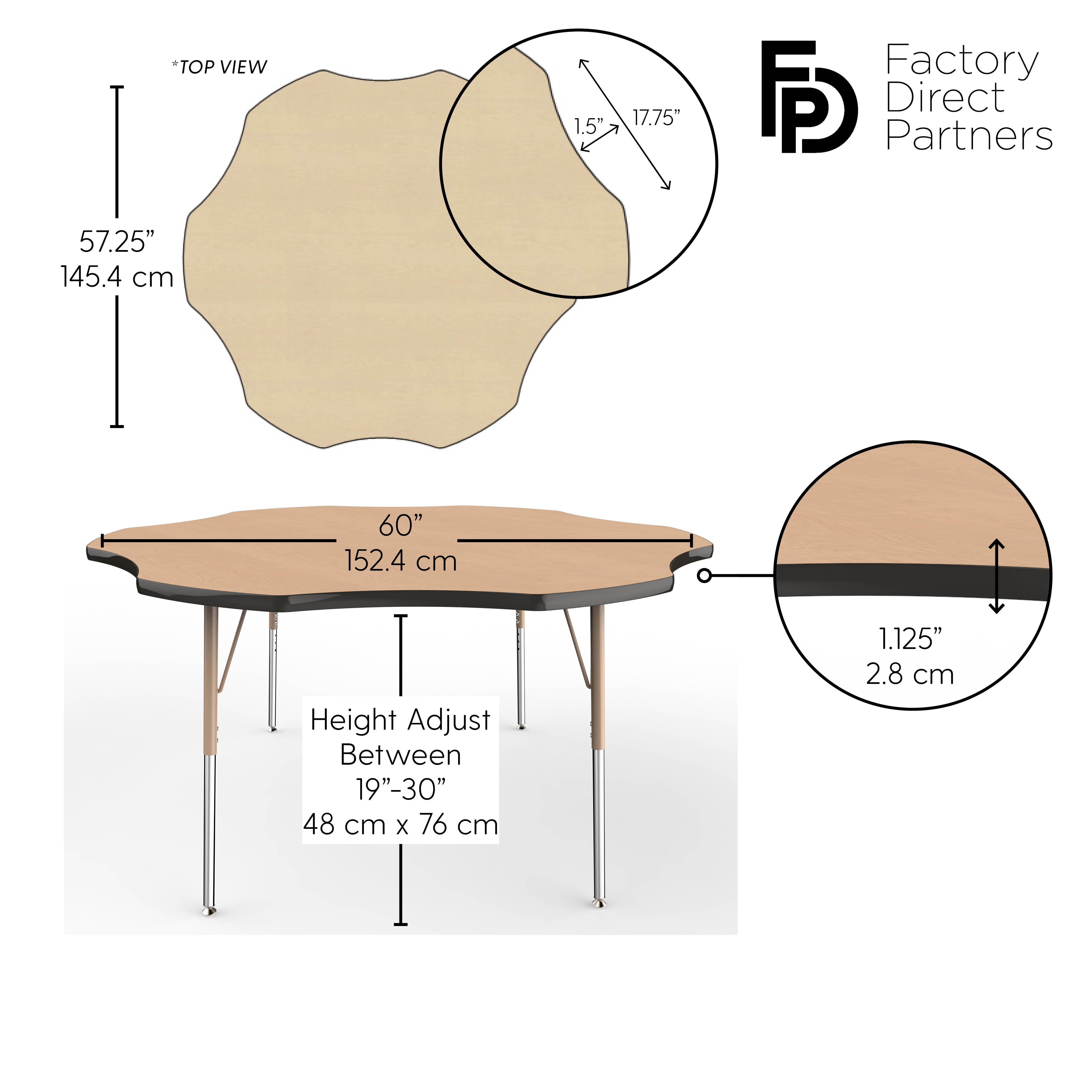 60" x 60" Flower T-Molding Activity Table with Adjustable Standard Swivel Glide Legs - Maple/Black/Sand