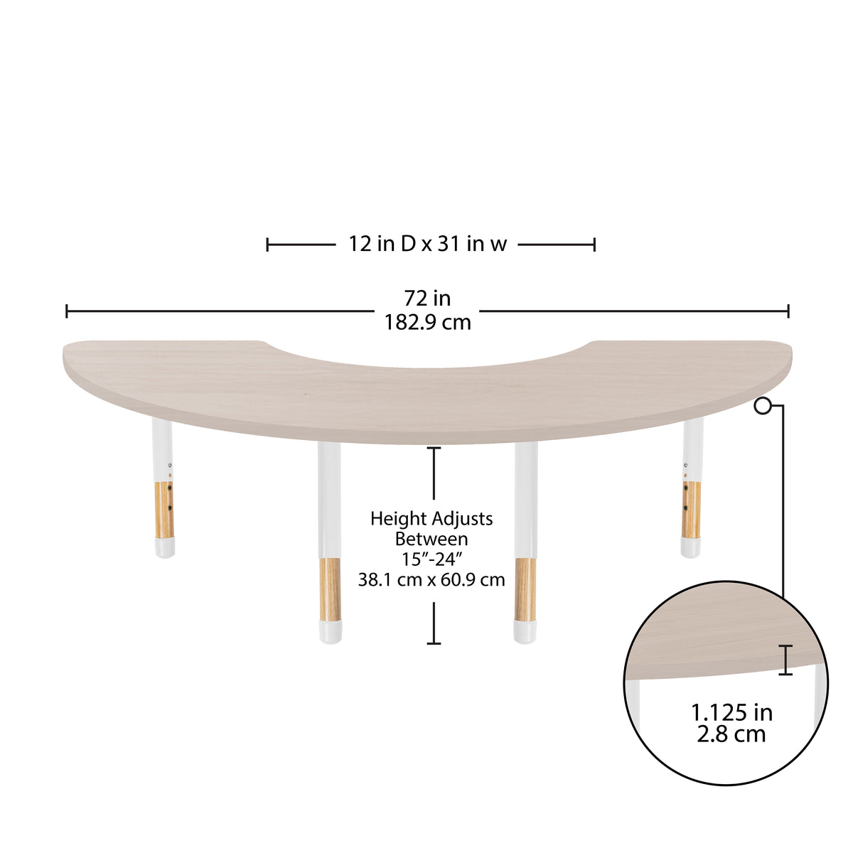 36" x 72" Half Moon Thermofused Activity Table with Adjustable Chunky Wood Legs - Asian Sand/White/Natural