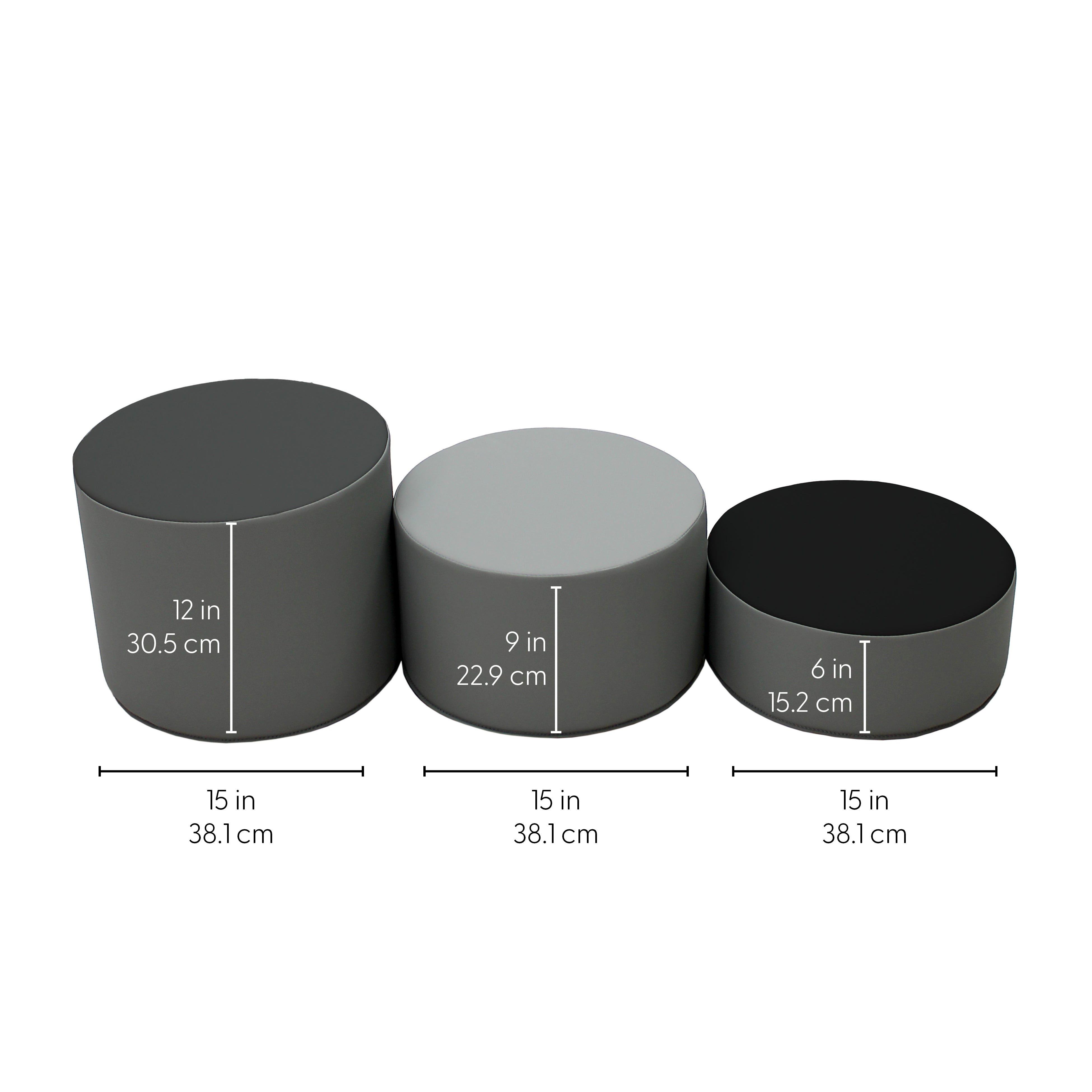 SoftScape 15" Round Ottomans, 3-Piece - Gray/Light Gray