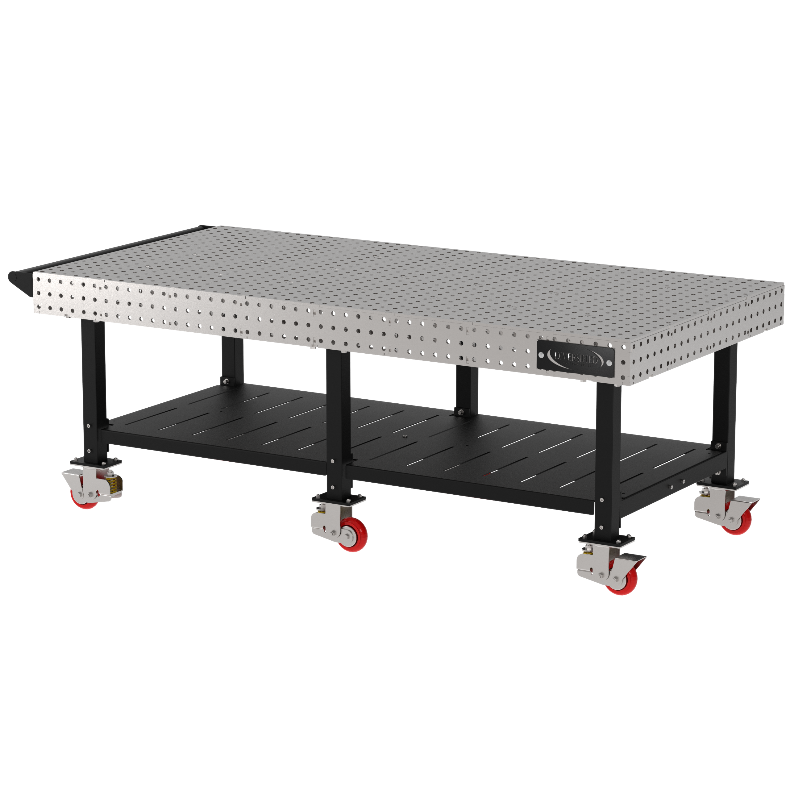 Welding Fixture Table, Fixed Height, 36"H x 96"L x 48"D, 1/4" Carbon Steel Top, Six Black Powdercoat Legs, Shelf, Handle, 6 Heavy Duty Suspension Casters (4 Locking/Swiveling Casters and 2 Non-Locking/Non-SwivelingCasters)