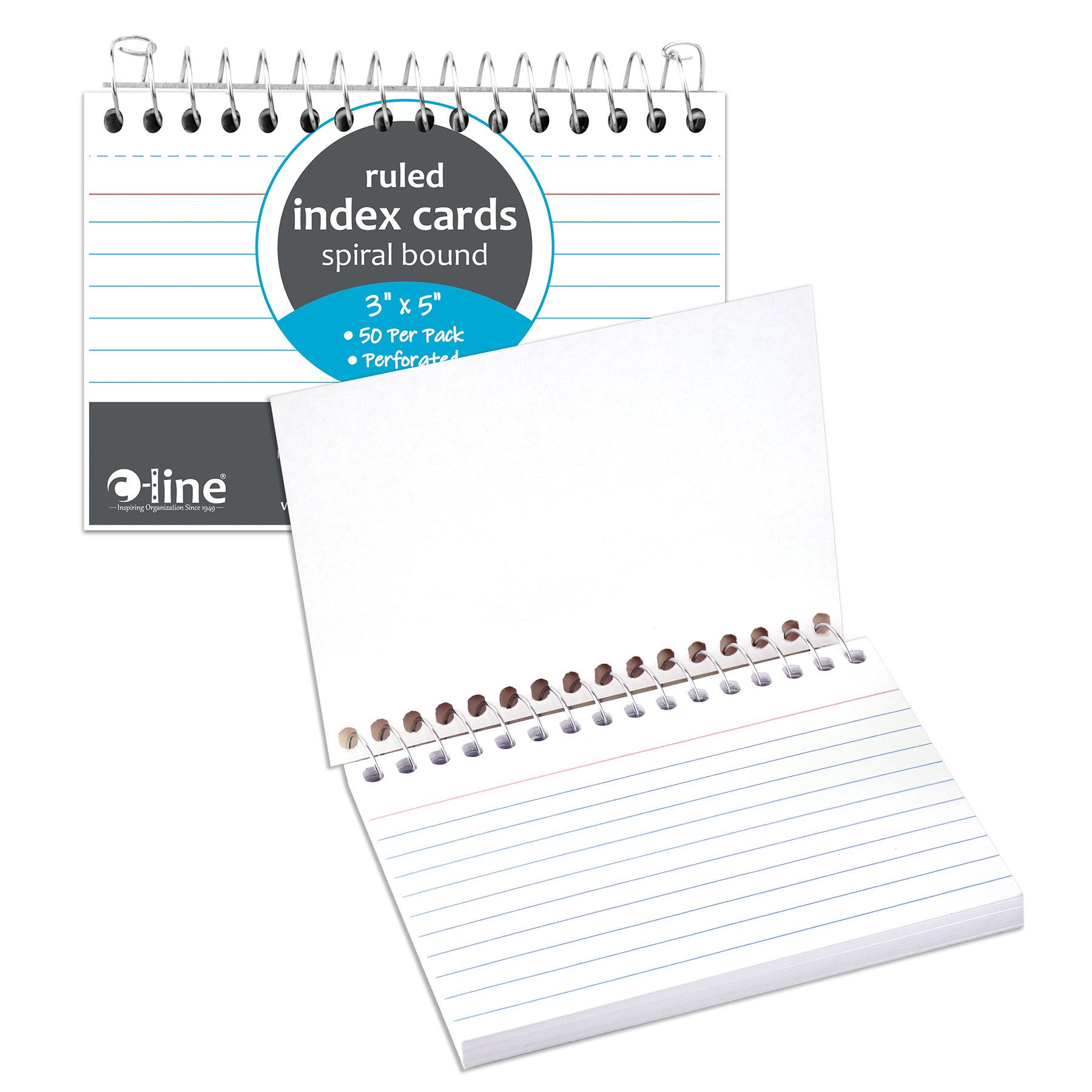 Spiral Bound Index Card Notebook, 3" x 5", 50 Cards, Ruled